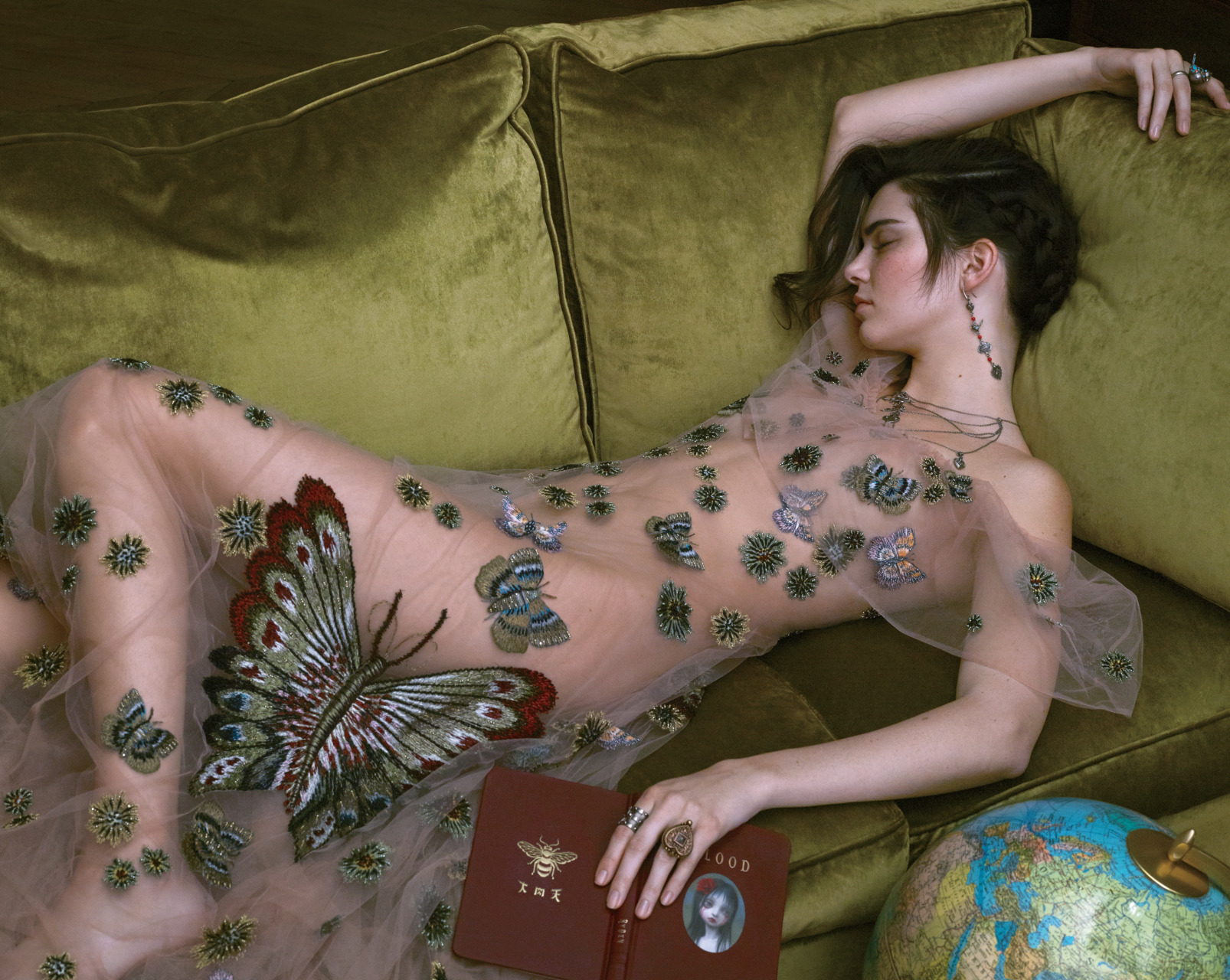 People 1606x1280 lying on couch butterfly transparency see-through clothing legs model see-through dress closed eyes lying down lying on back dark hair rings couch globes belly dress green couch photography long earrings makeup fashion butterfly wings women Kendall Jenner