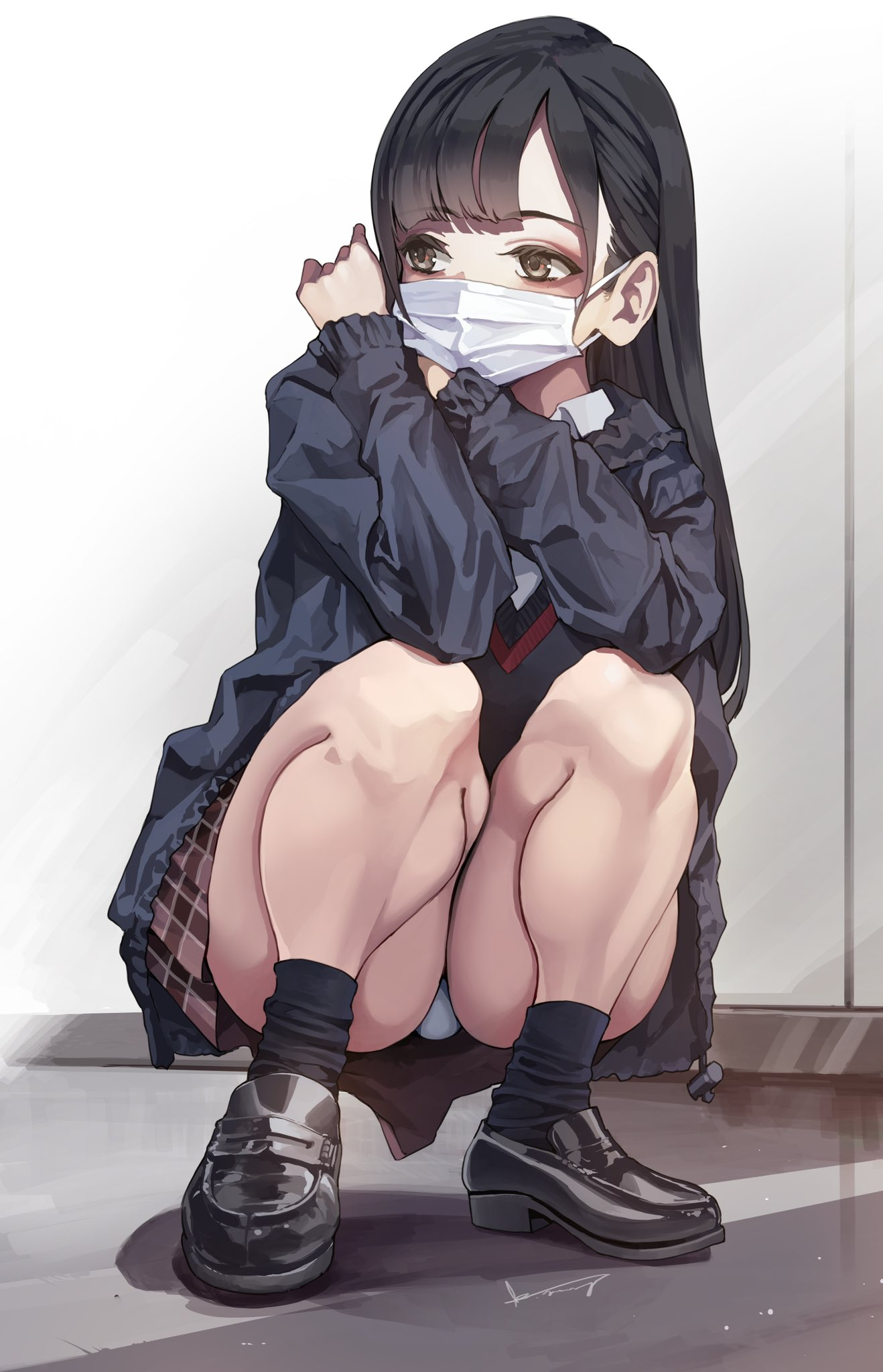 Anime 1318x2048 anime girls legs school uniform original characters koh mask face mask pantsu shot panties squatting