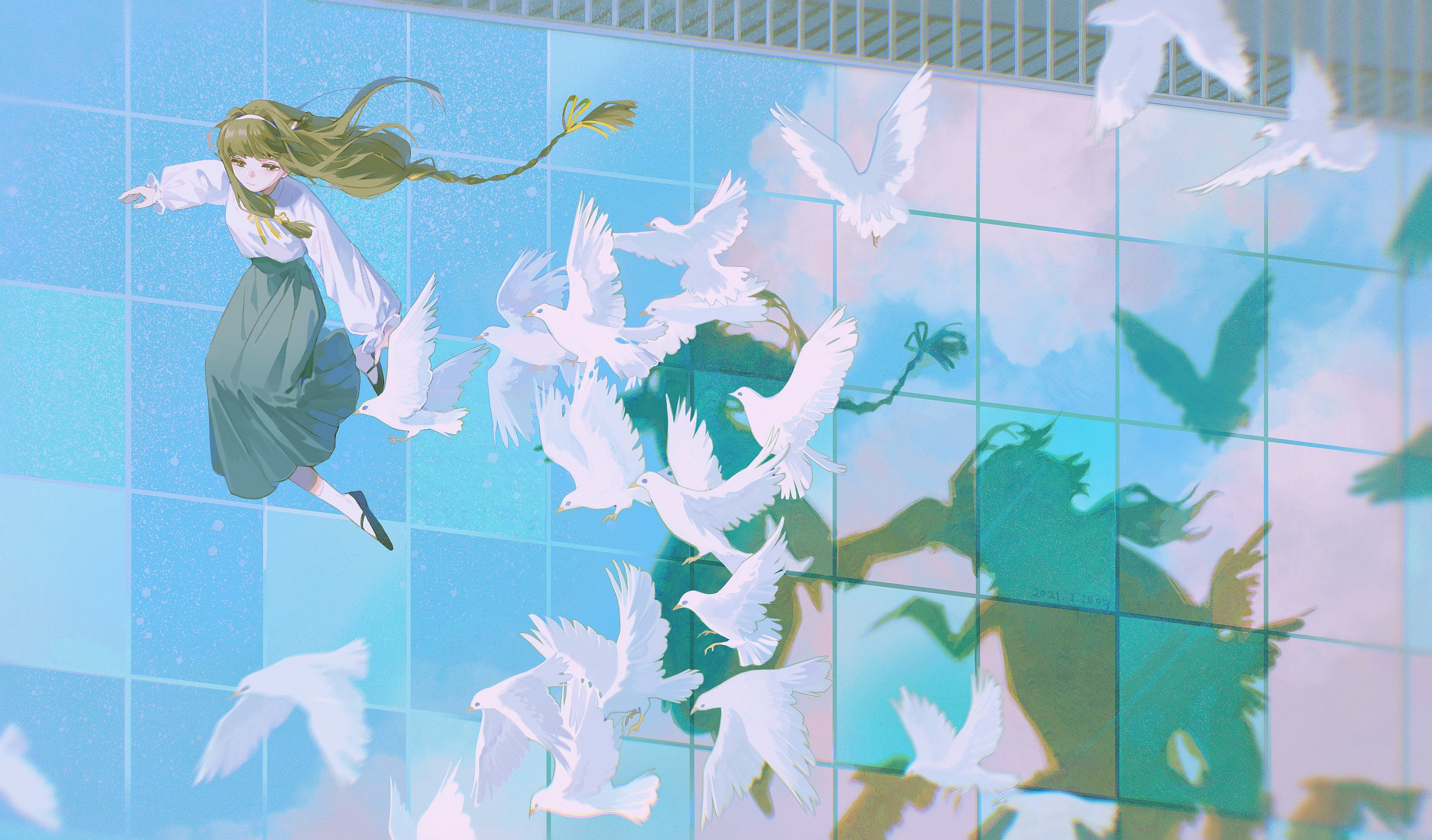 Anime 3782x2220 anime anime girls pigeons long hair jumping looking away dress clouds tiles brunette white shirt cyan