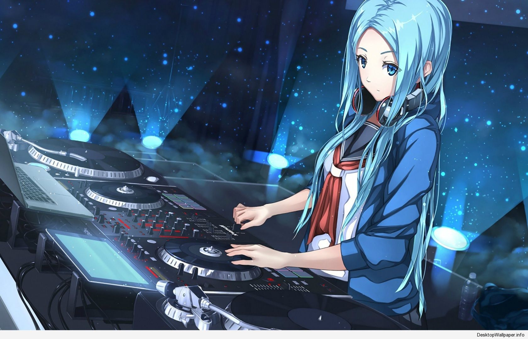 Anime 1680x1078 DJ blue hair anime anime girls aqua eyes cyan hair turntables music headphones long hair