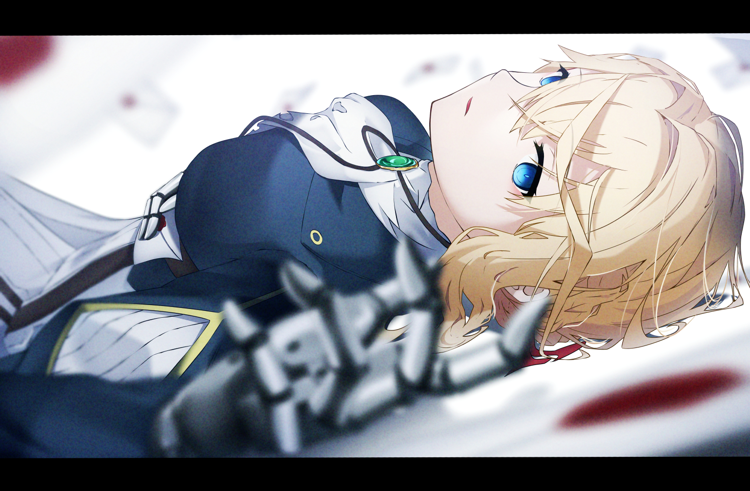 Anime 1536x1006 anime anime girls yama (artist) Violet Evergarden prosthesis lying on back 2D bangs blue eyes parted lips red ribbon looking at viewer fan art blonde