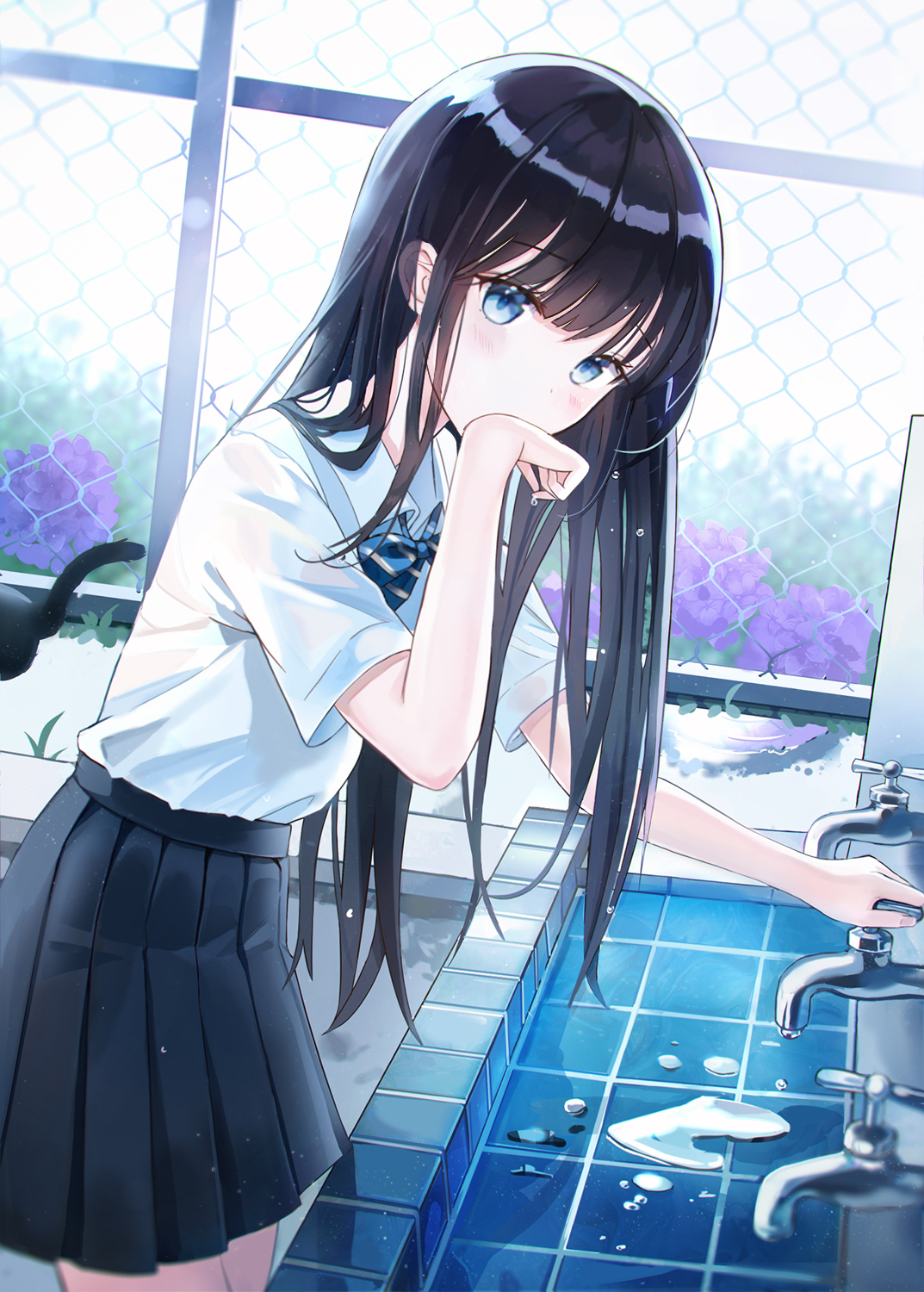 Anime 1073x1500 anime anime girls Hand on mouth portrait display faucets school uniform black hair blue eyes Iren Lovel