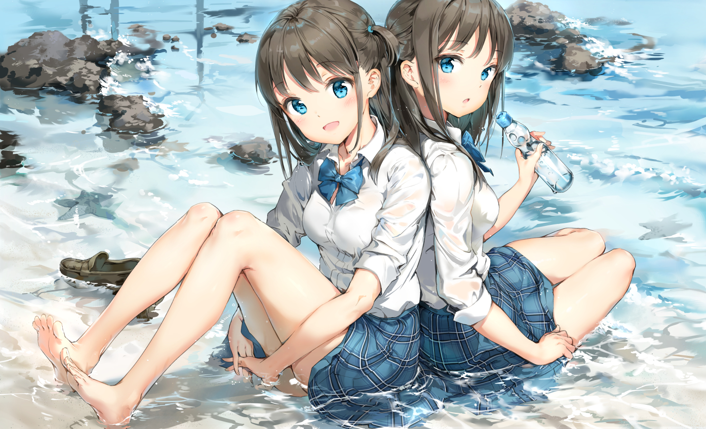 Anime 1430x868 Anmi anime anime girls water bottle brunette blue eyes school uniform barefoot water twins original characters