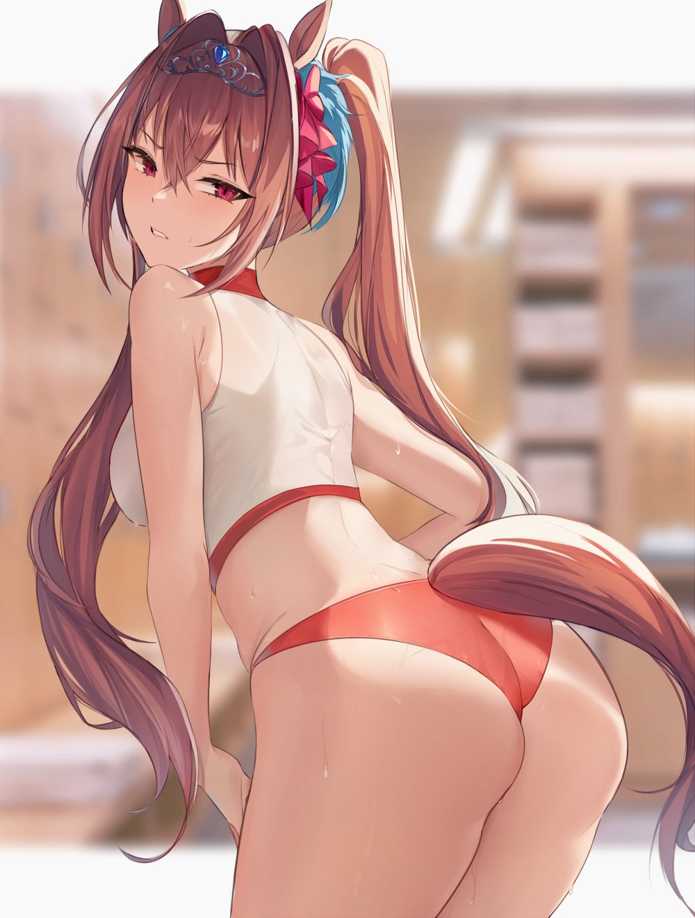 Anime 1000x1320 anime girls Uma Musume Pretty Derby Daiwa Scarlet (Uma Musume: Pretty Derby) Oni Noodle red panties ass sweaty body big boobs sideboob thighs no bra bloomers erotic art  see-through clothing bent over bare shoulders twintails bangs red eyes alternate costume training blurry background 2D anime long hair brunette tiaras crop top parted lips blushing ecchi fan art artwork