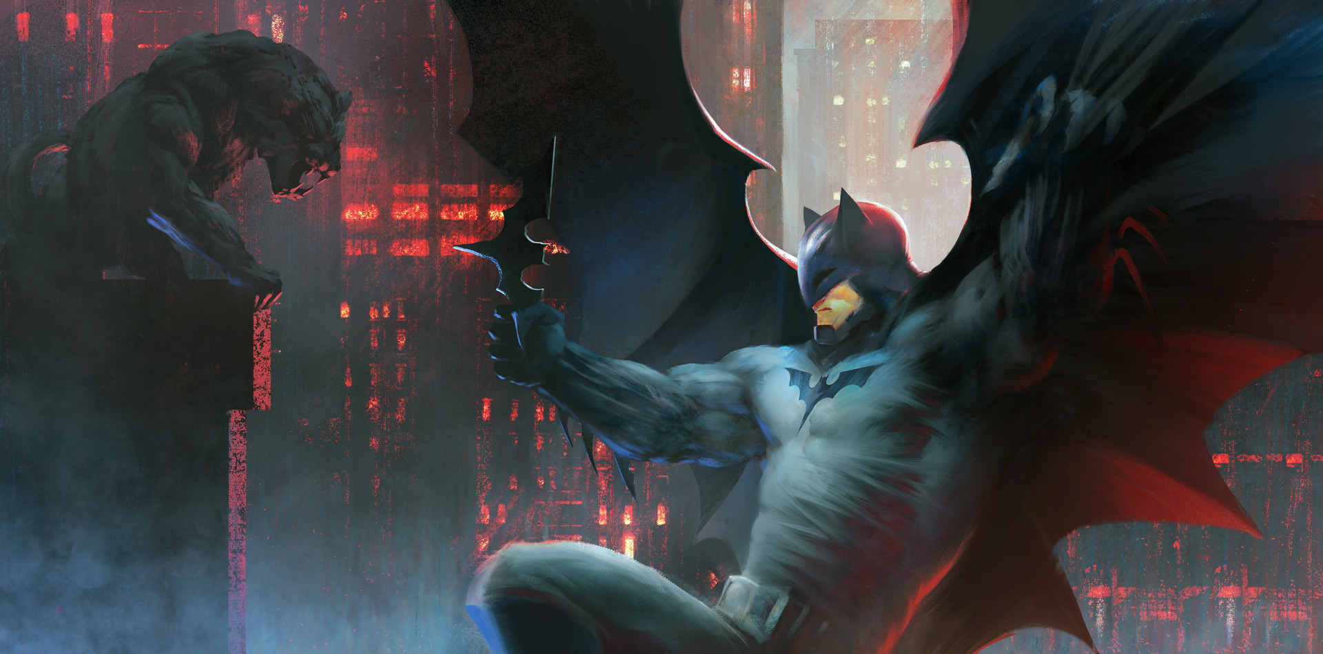 General 1920x950 artwork DC Comics Batman superhero cape frown city building digital art