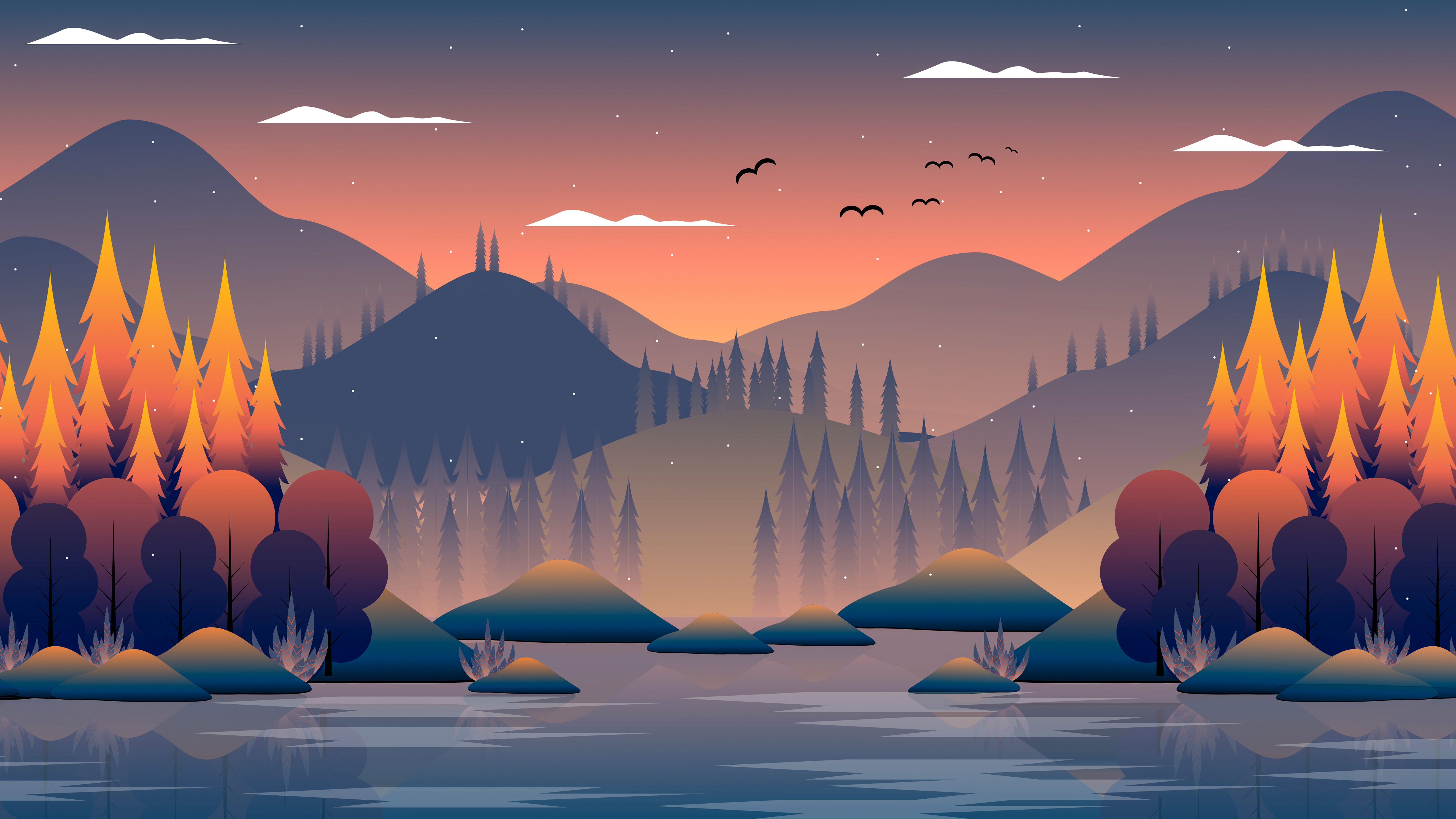 General 5120x2880 digital art trees forest mountains wood clouds birds lake minimalism calm