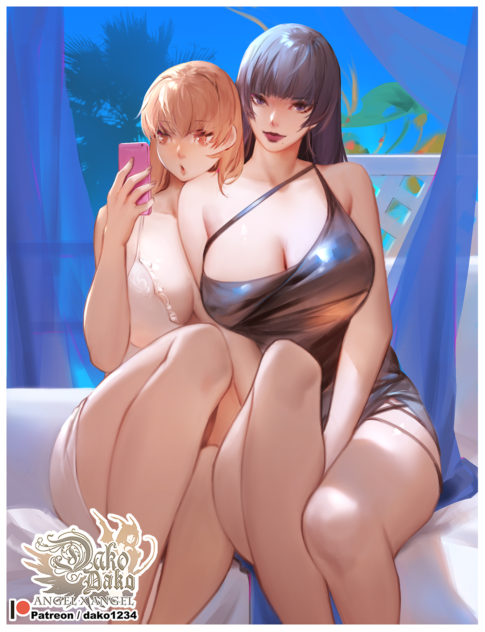 Anime 1572x2048 anime anime girls DAKO Dead or Alive big boobs cleavage two women portrait display dress Nyotengu (Dead or Alive) Kasumi (Dead or Alive) boobs huge breasts curvy smartphone thighs video games video game girls video game warriors video game characters