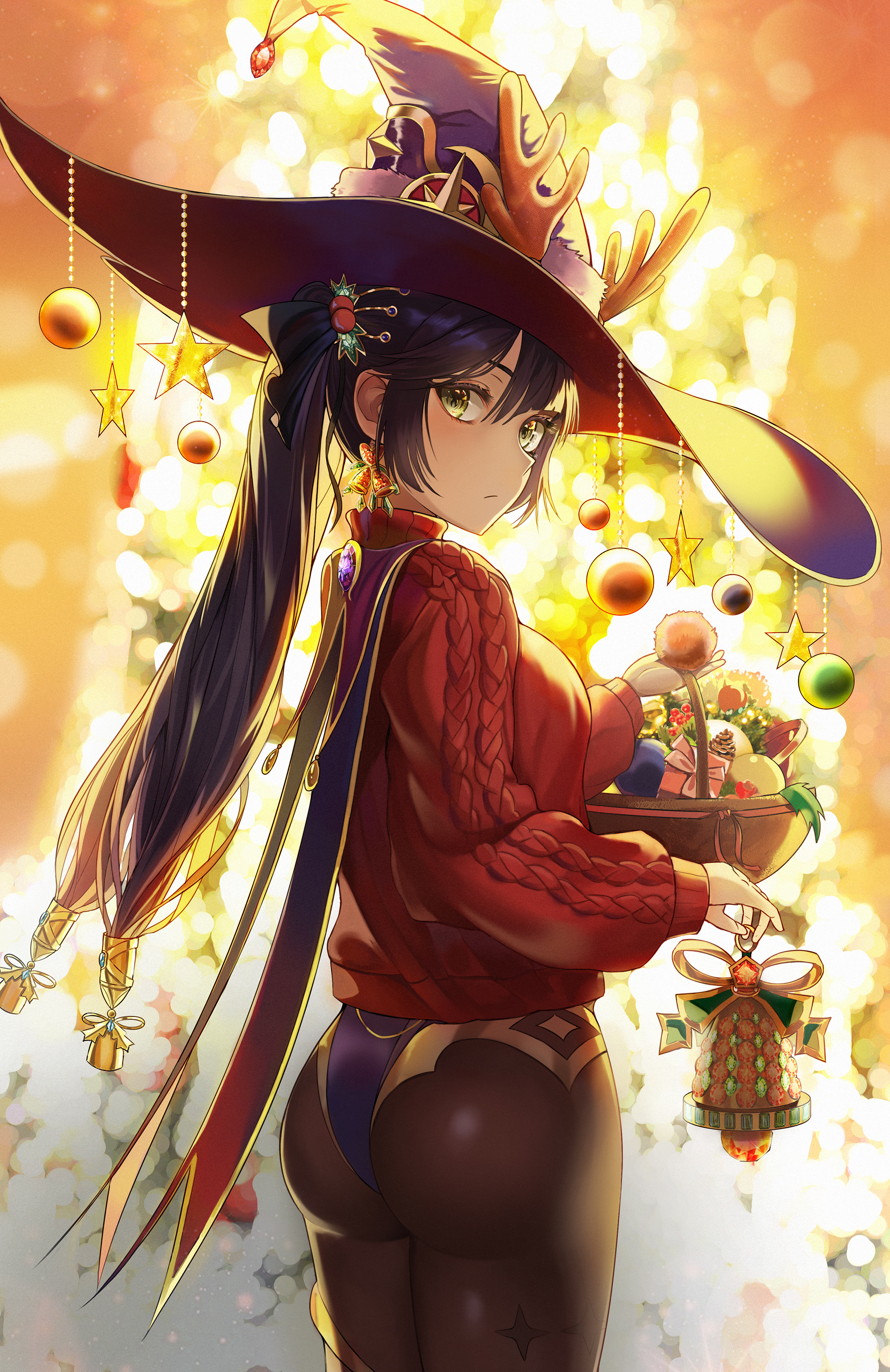 Anime 2000x3082 Genshin Impact Mona (Genshin Impact) ass red sweater sweater pantyhose leotard witch hat Christmas anime girls Ssuel