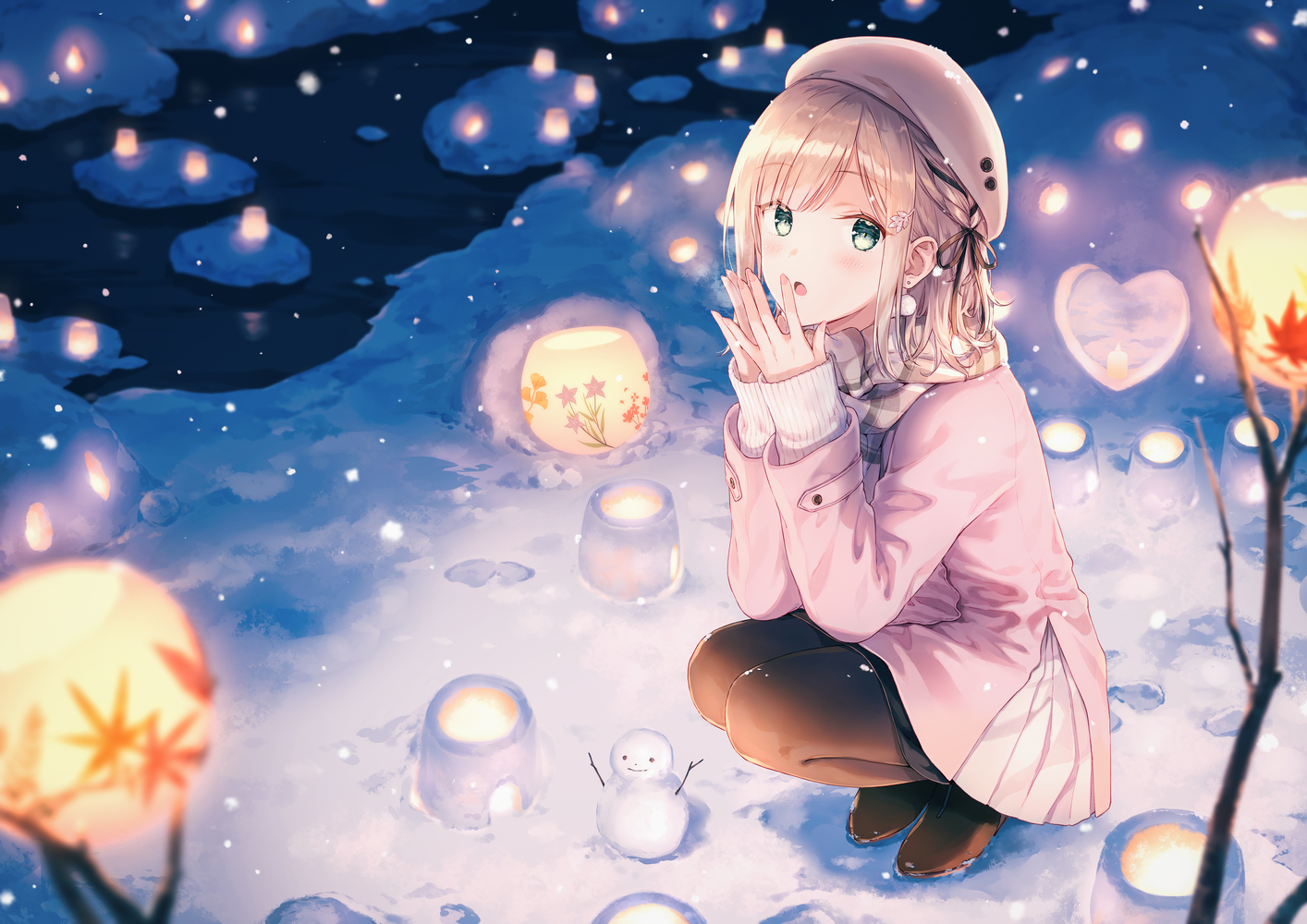 Anime 1414x1000 anime anime girls digital art artwork 2D portrait Hiten winter snow snowman night blonde green eyes squatting