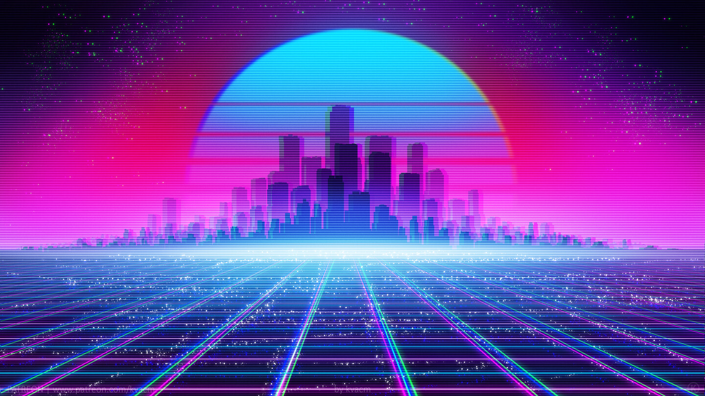 General 1440x810 vaporwave synthwave neon Sun glitch art retrowave city horizon skyline