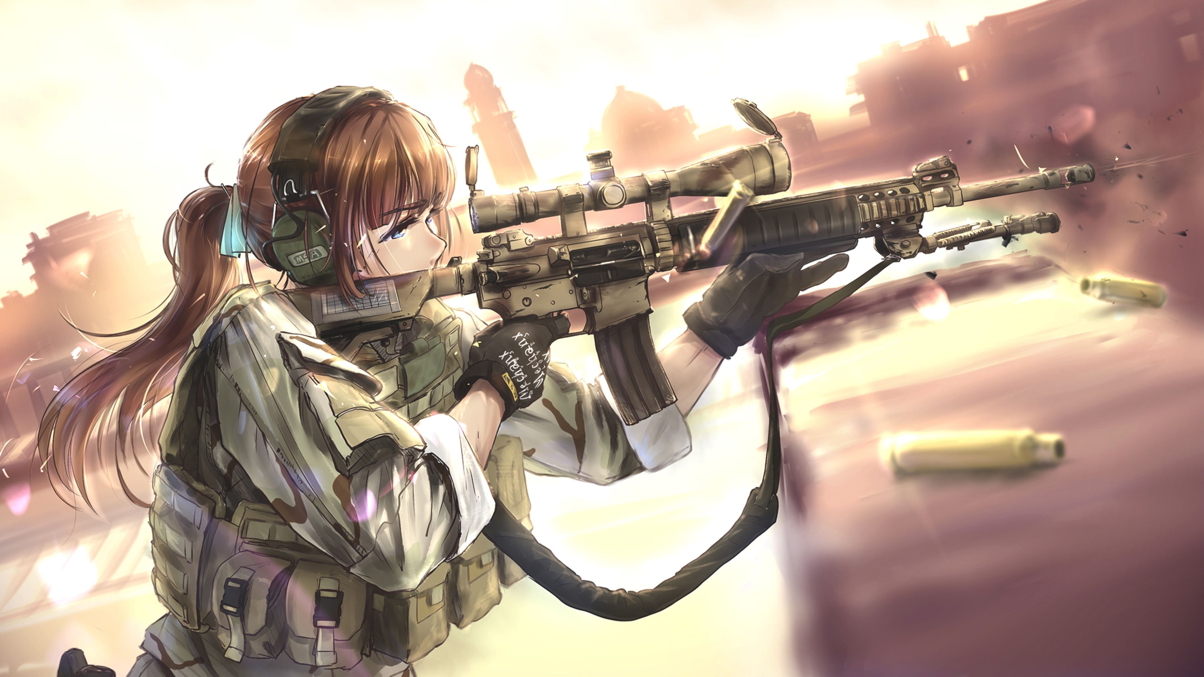 Anime 3840x2160 anime girls rifles tactical AR-15 brunette ponytail TC1995 anime girls with guns anime girls with guns weapon