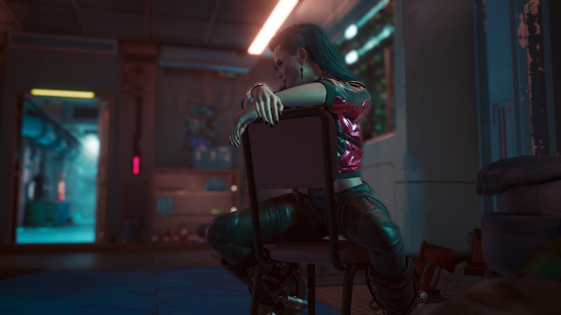 General 1920x1080 Cyberpunk 2077 Rogue (character) sitting chair blue hair leather pants  sitting backwards Rogue Amendiares CD Projekt RED