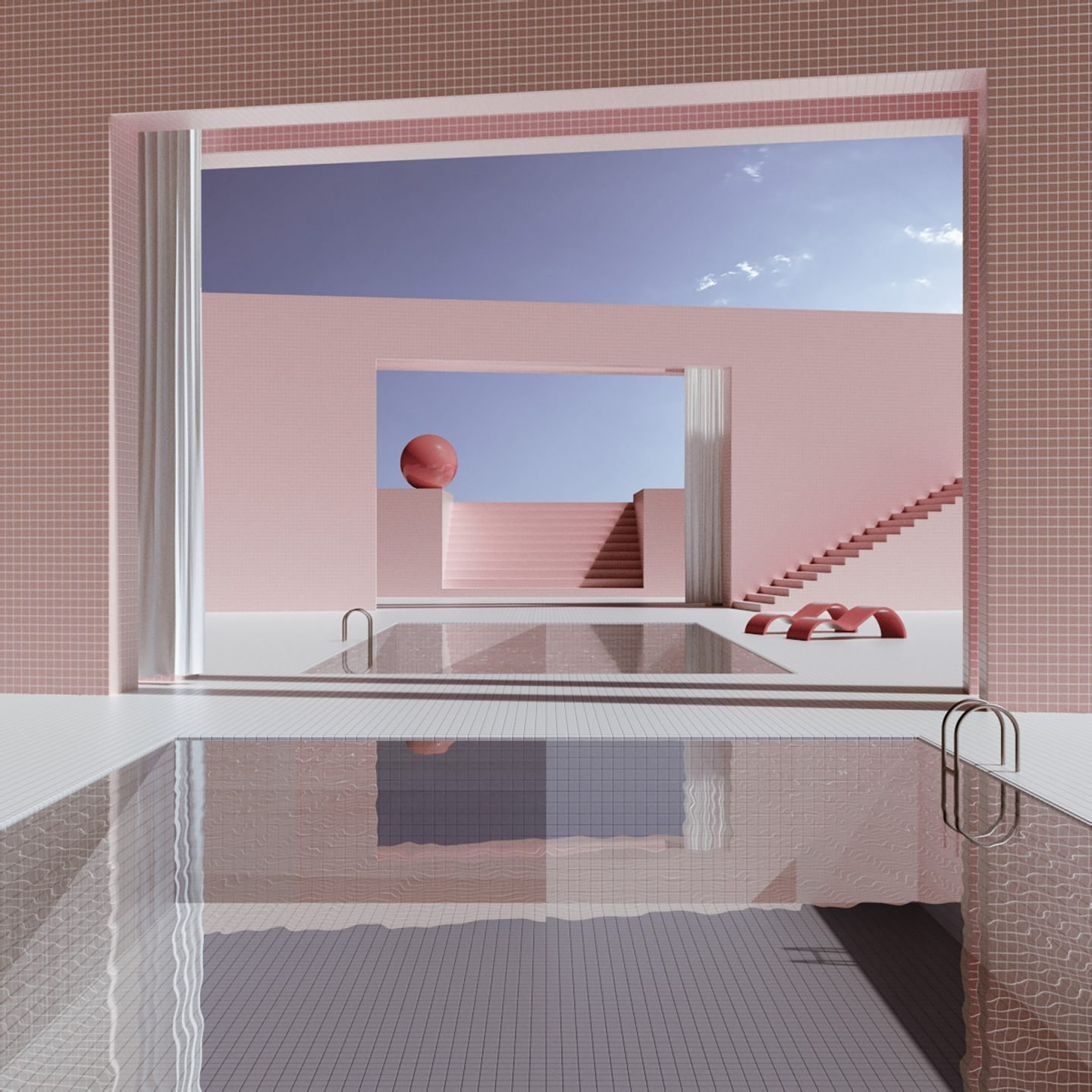 General 1440x1440 water sky clouds tiles pink CGI white stairs liminal surreal