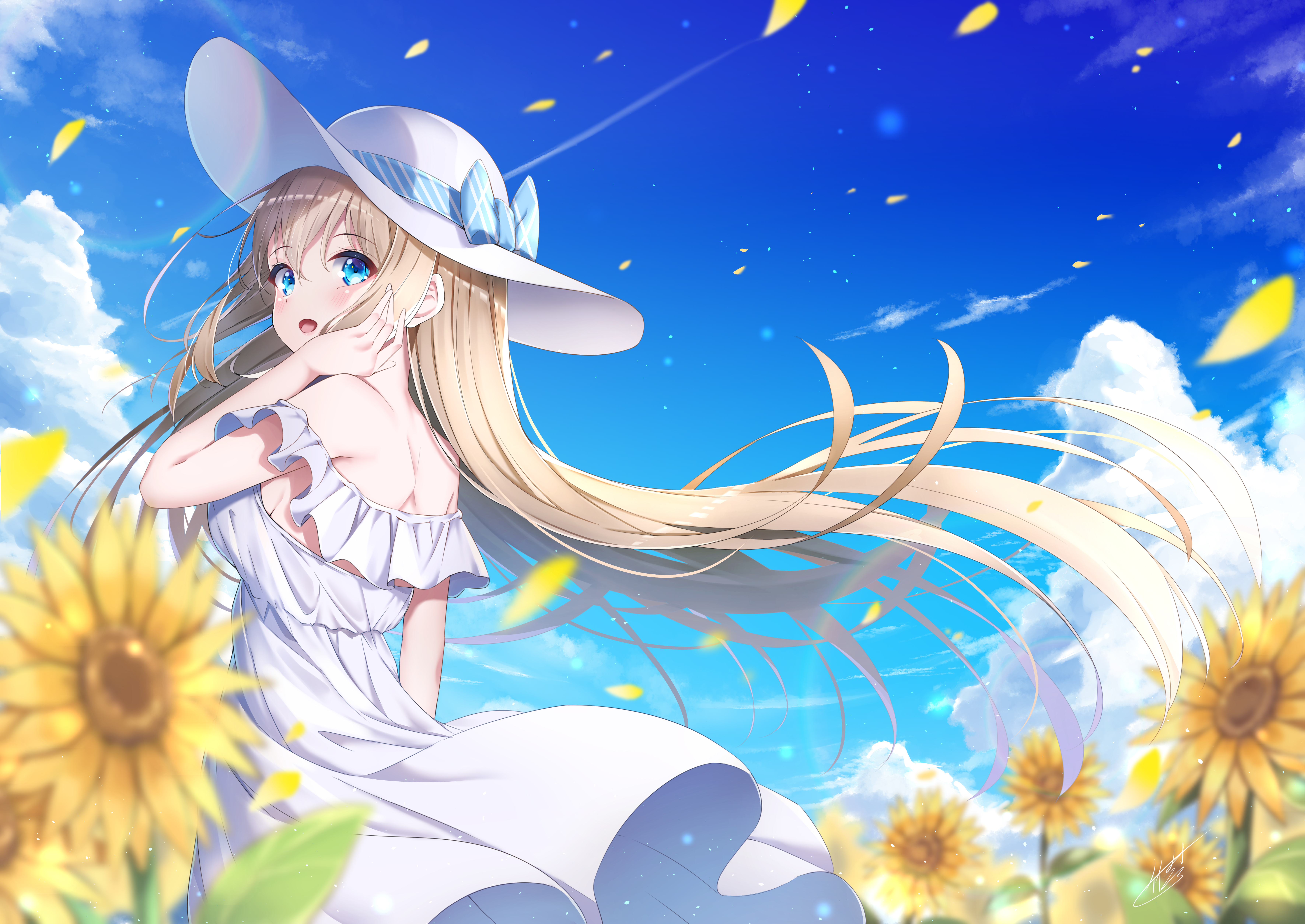 Anime 7083x5016 anime anime girls Kou Takemura artwork blonde long hair hat dress sun dress sunflowers petals standing