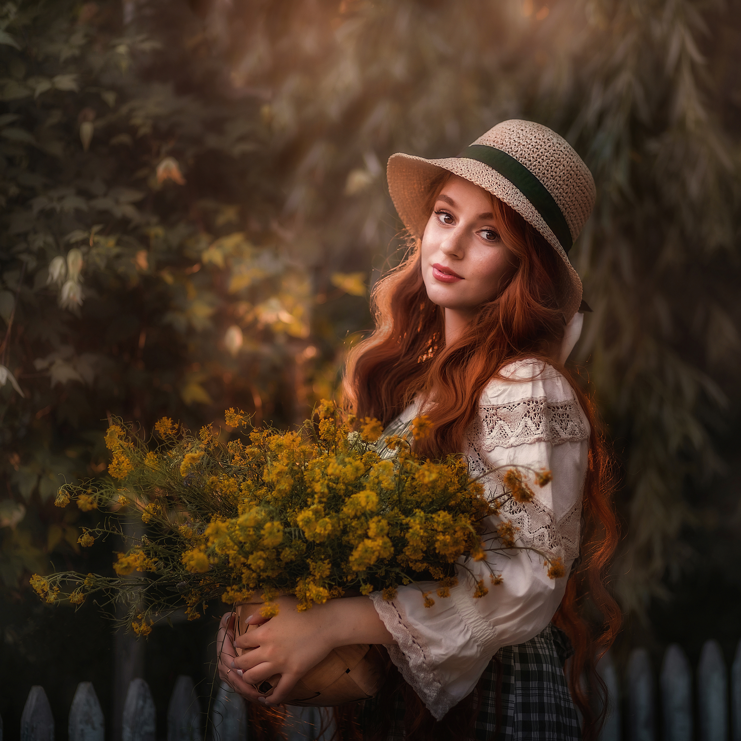 People 2362x2362 Oksana Pipkina women hat redhead long hair flowers plants fence portrait display