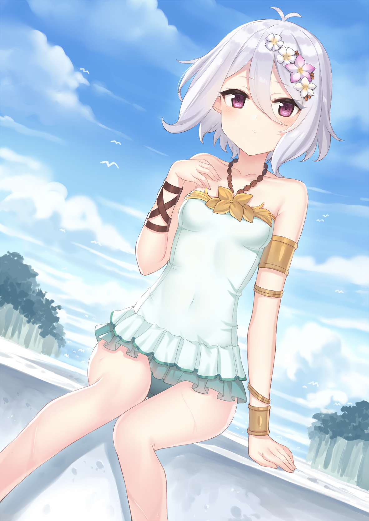 Anime 1182x1670 anime girls artwork sitting short hair silver hair purple eyes one-piece swimsuit Princess Connect Re:Dive Kokkoro (Princess Connect) flower in hair