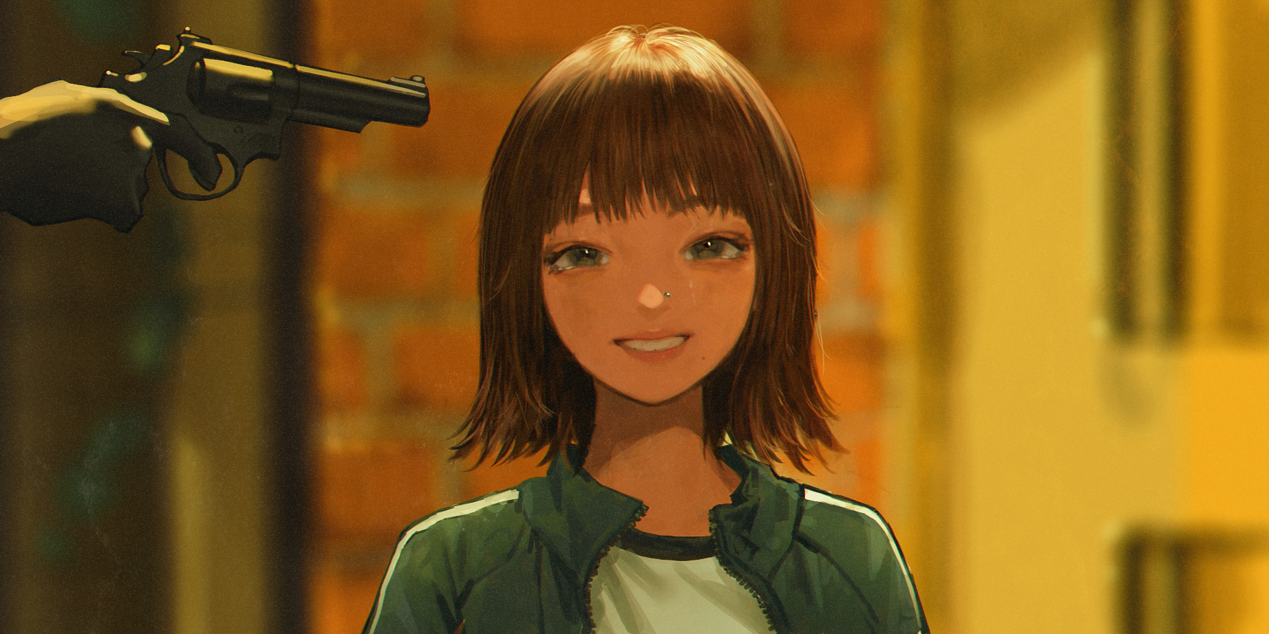 Anime 1844x922 anime anime girls Squid Game Wang Xi brunette short hair smiling gun
