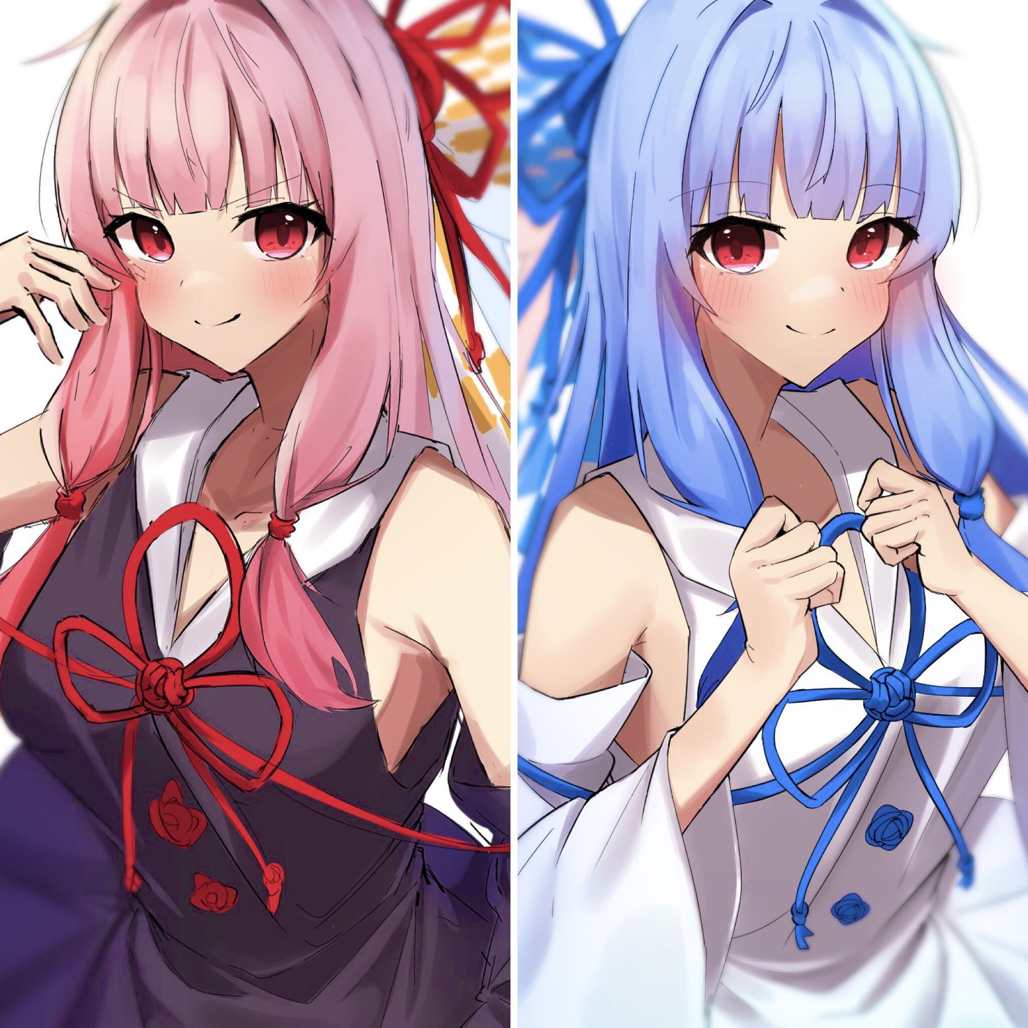 Anime 2048x2048 anime anime girls Voiceroid Kotonoha Akane Kotonoha Aoi long hair pink hair blue hair twins artwork digital art fan art