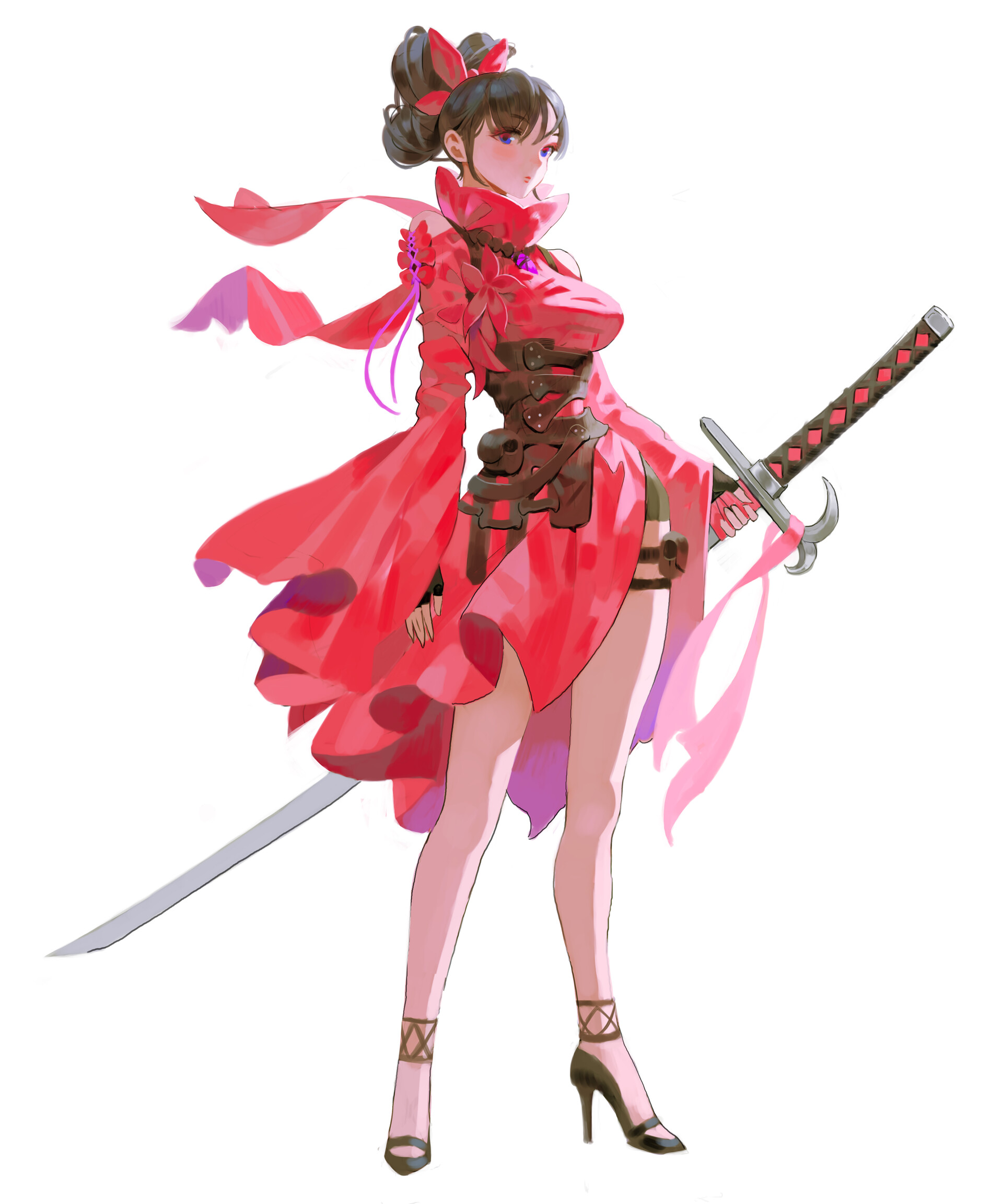 Anime 1920x2304 anime anime girls women fantasy art fantasy girl sword weapon women with swords brunette standing dress red dress red clothing heels black heels white background simple background looking at viewer legs