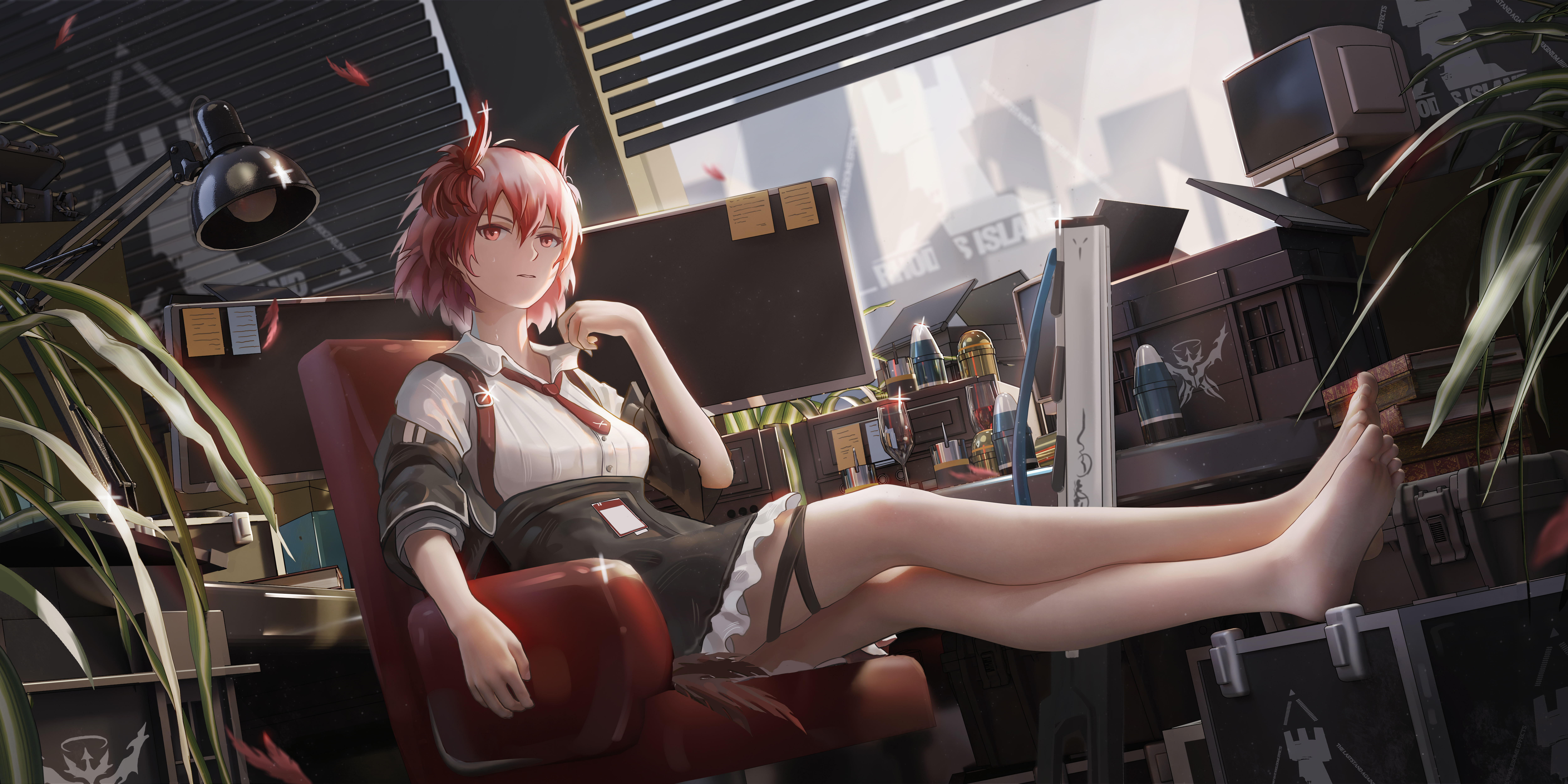 Anime 10000x5000 anime girls Arknights bob hairstyle red eyes Fiammetta (Arknights) barefoot blinds indoors women indoors sitting chair desk leaves lamp window wine glass computer short hair hair between eyes sweat