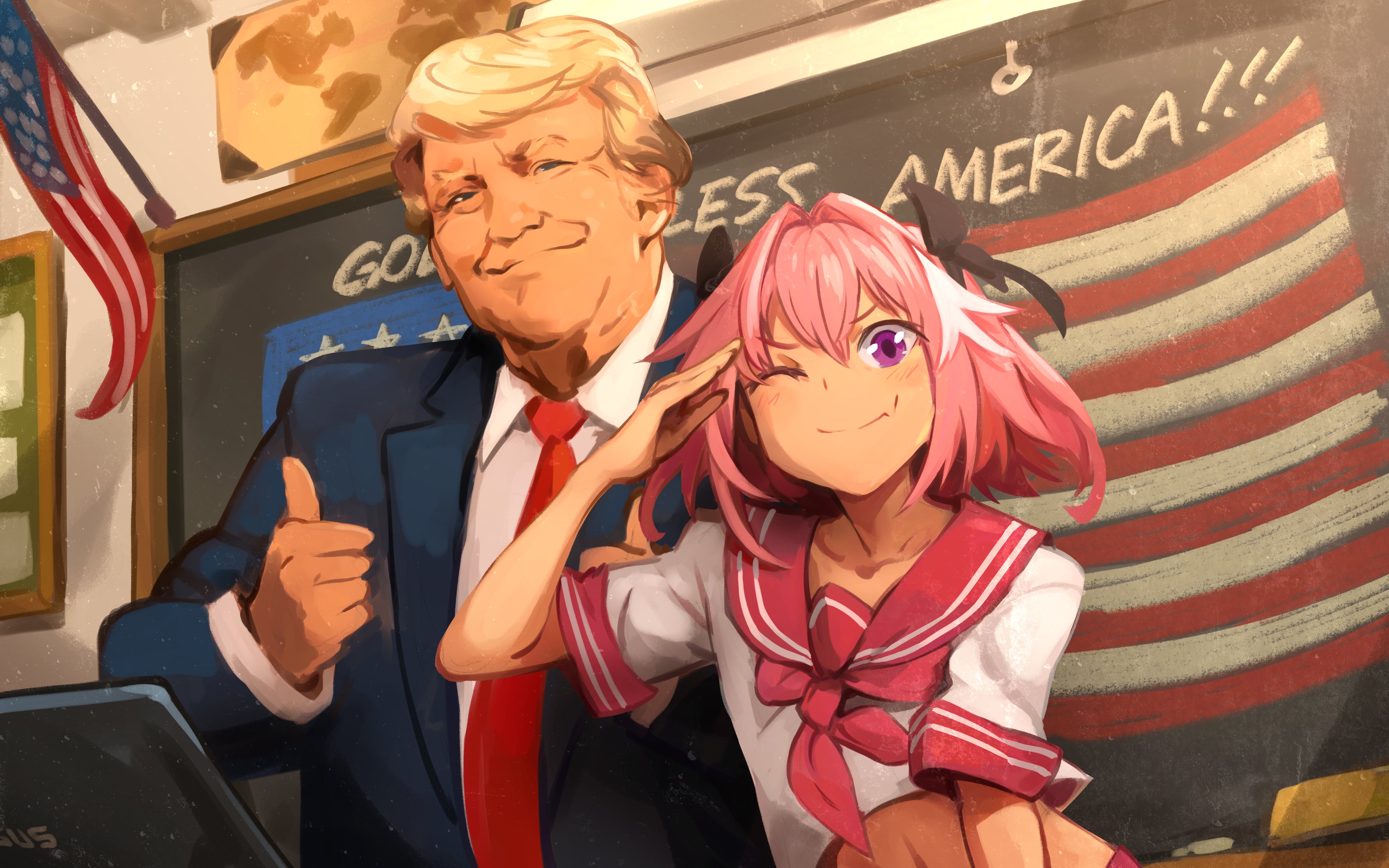 Anime 4096x2560 Donald Trump Fate series Fate/Apocrypha  humor Astolfo (Fate/Apocrypha) femboy American flag