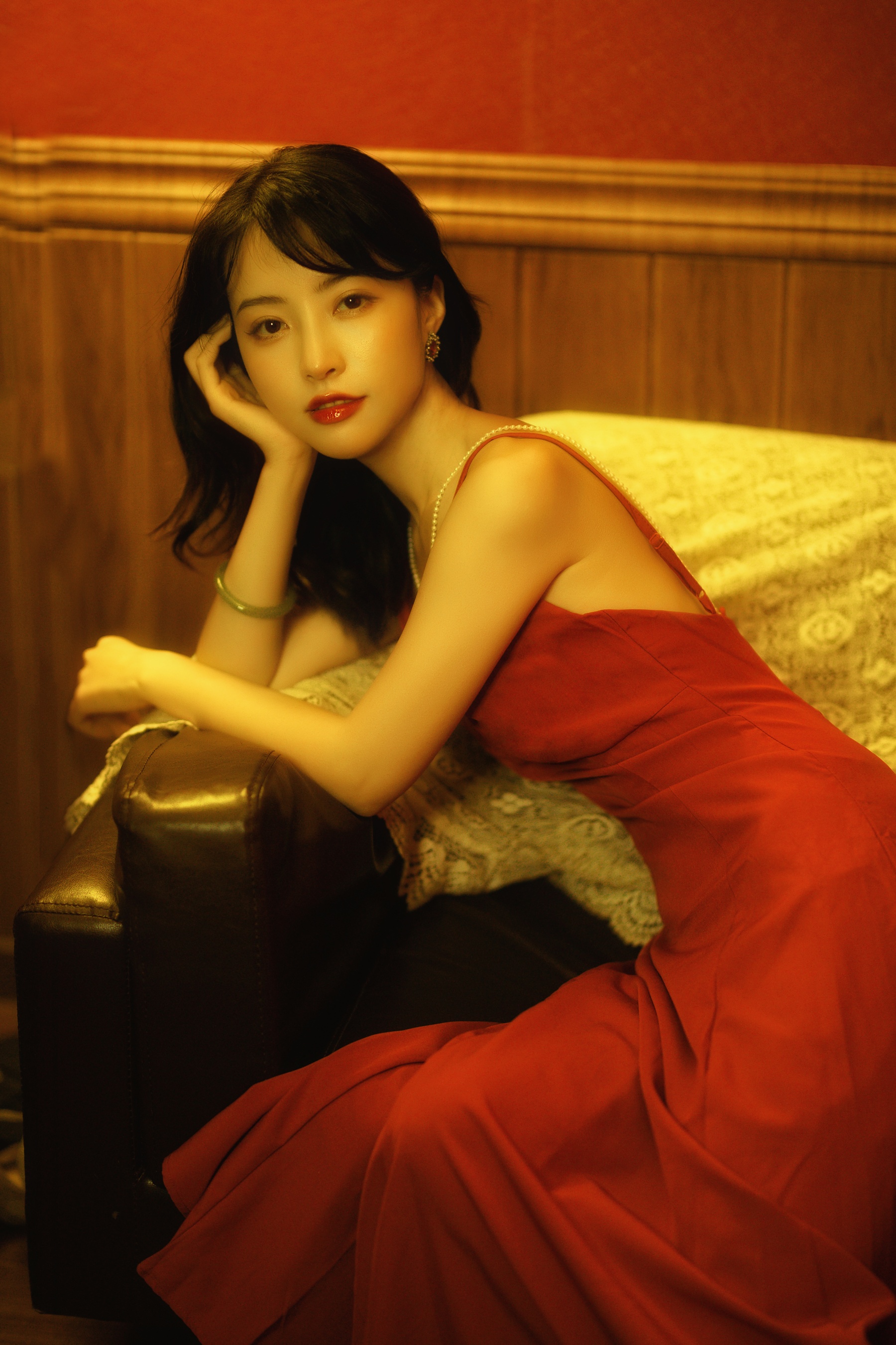 People 1800x2700 women Asian Chinese model dark hair red dress women indoors