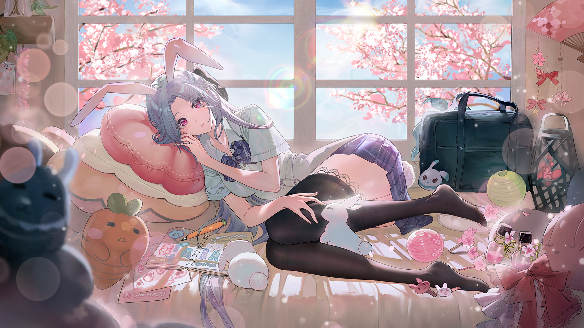 Anime 1920x1080 bunny ears bed video game characters stockings red eyes Aura star school uniform anime girls