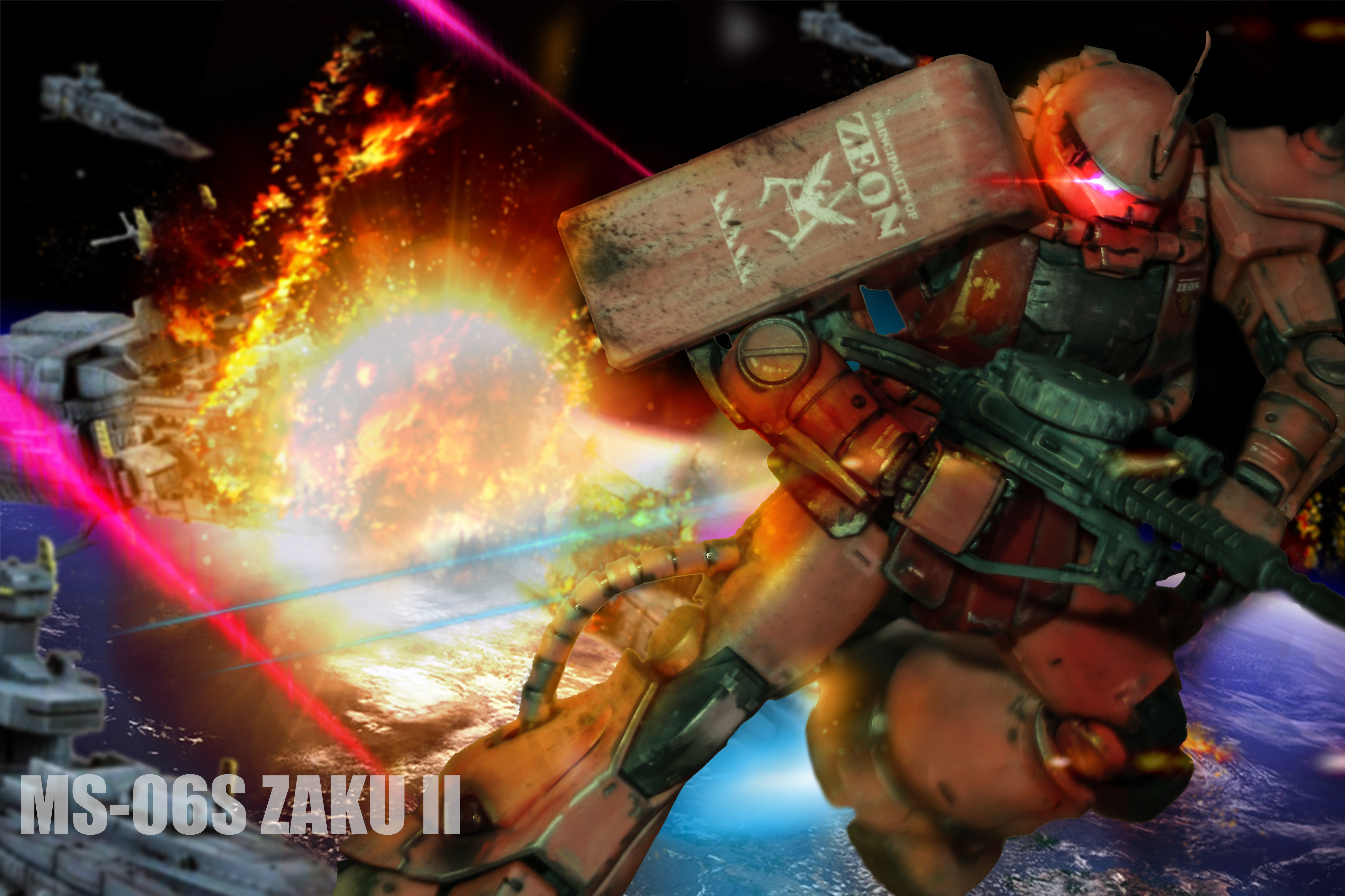 Anime 5472x3648 Zaku II Char's Custom Principality of Zeon anime mechs Super Robot Taisen Mobile Suit Gundam artwork digital art fan art