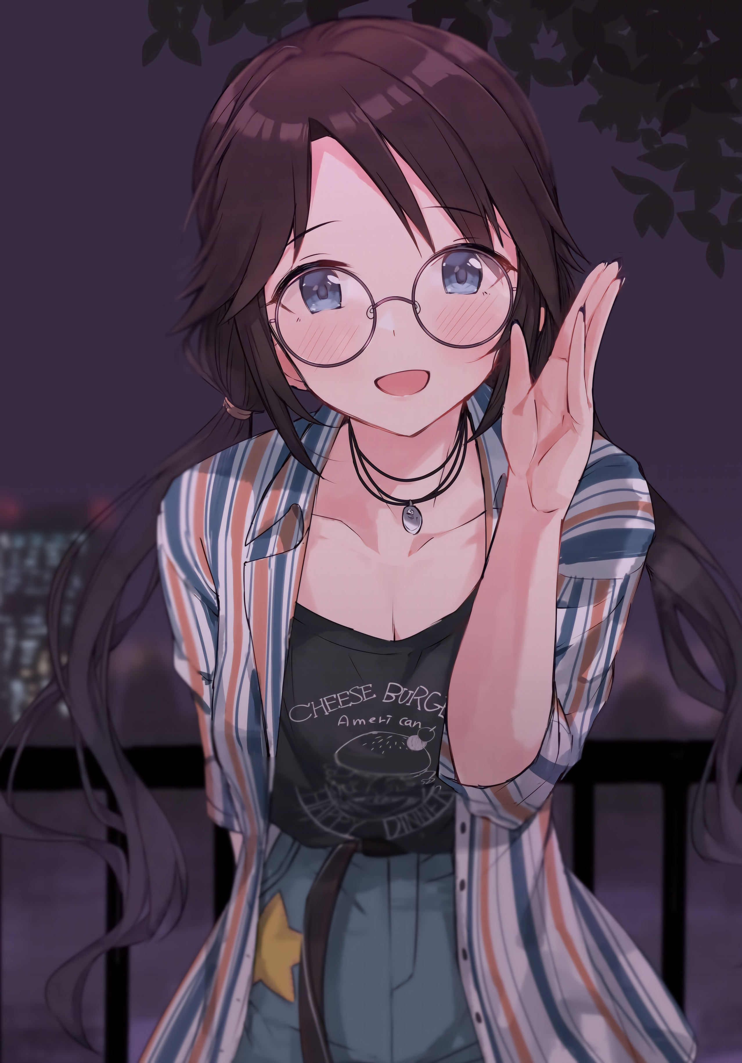 Anime 2556x3660 anime anime girls digital art 2D portrait display glasses blue eyes brunette purple background necklace petite ponytail outdoors city painted nails artwork Hanetsuka dark hair portrait looking at viewer blushing