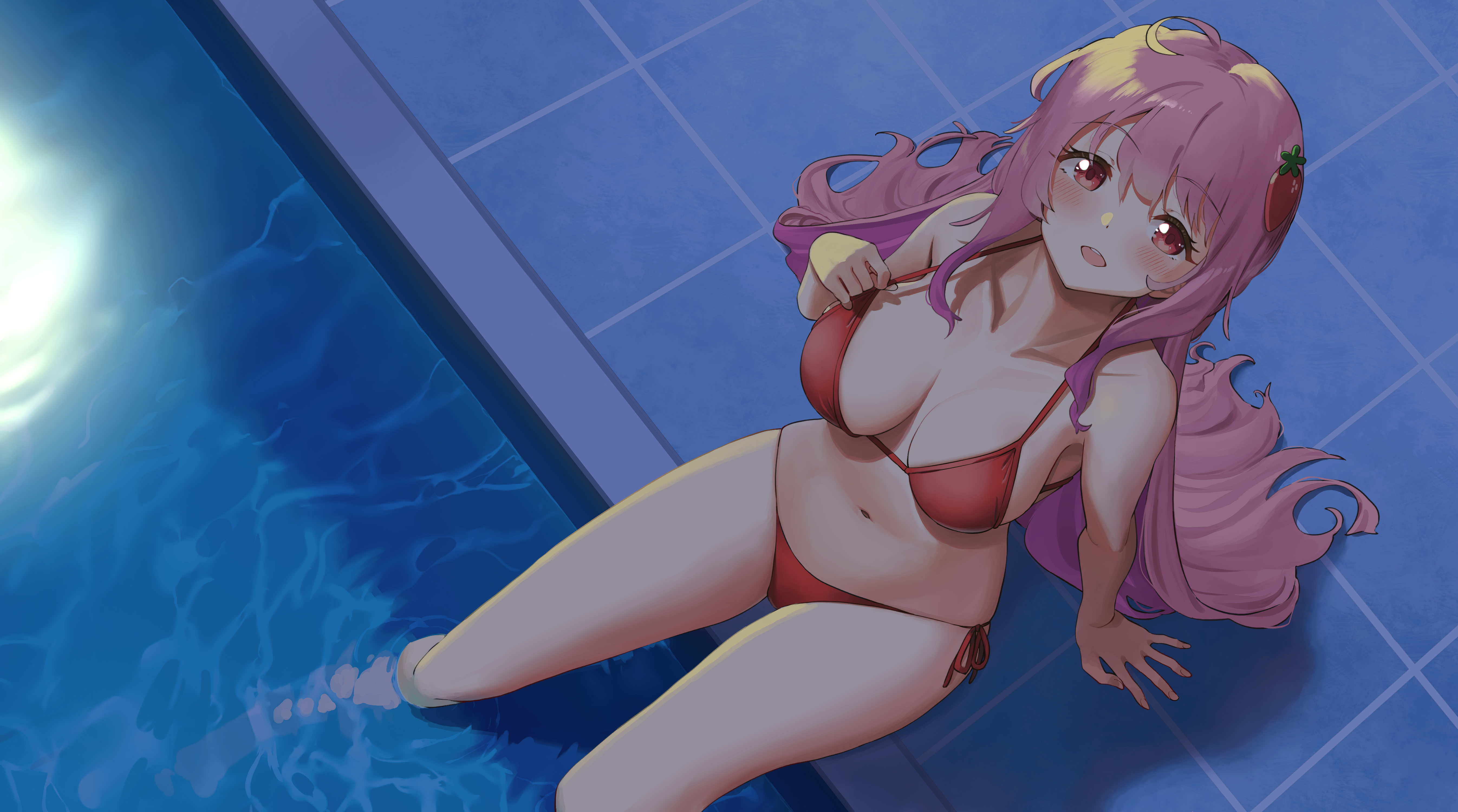 Anime 5384x3000 anime anime girls bikini big boobs water pink hair red eyes long hair artwork Electriccross