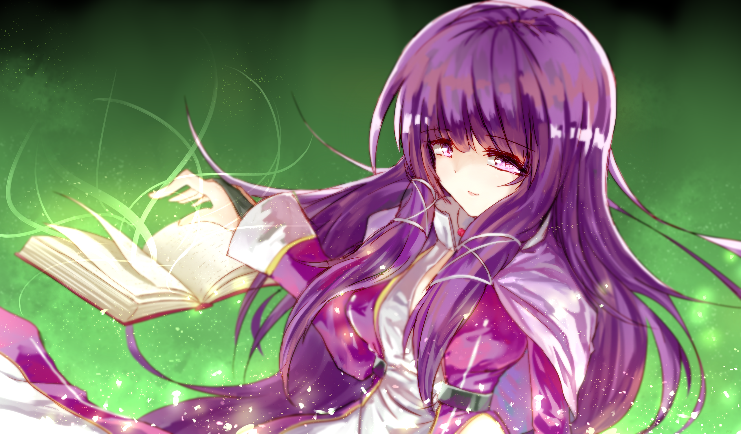 Anime 2560x1500 Touhou ribbon Pixiv purple hair green background books long hair anime girls anime