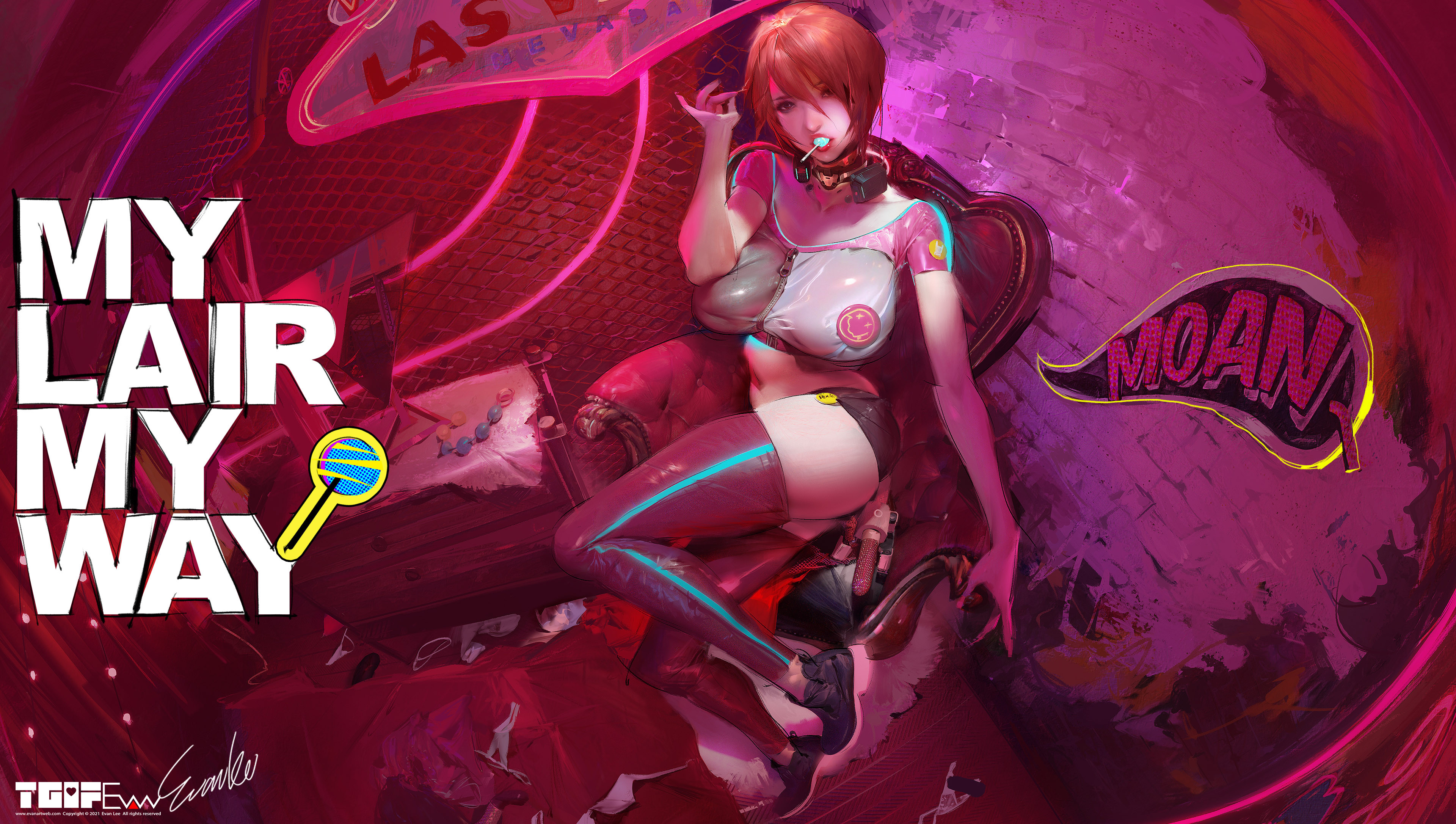 Anime 3840x2173 Evan Lee cyberpunk women artwork redhead Asian food sweets lollipop boobs big boobs stockings hair in face curvy 2021 (year)