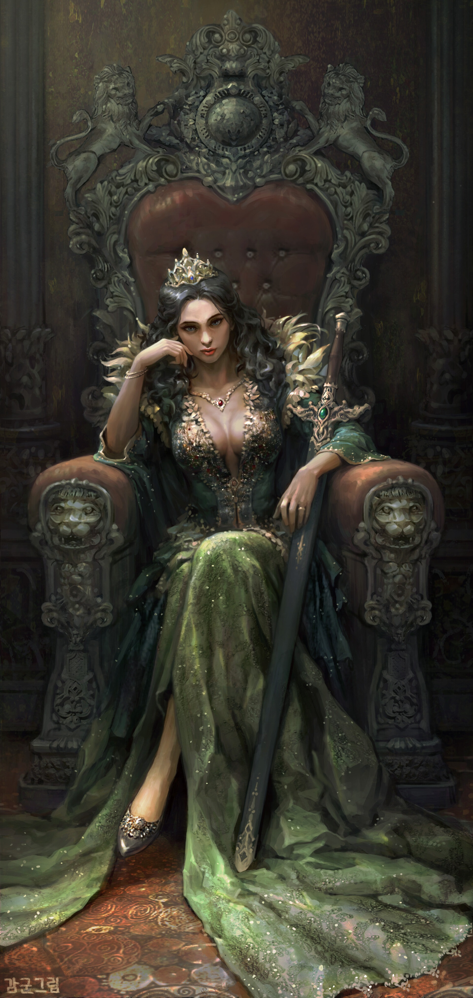General 1920x4054 artwork fantasy art fantasy girl sword throne queen (royalty) digital art cleavage