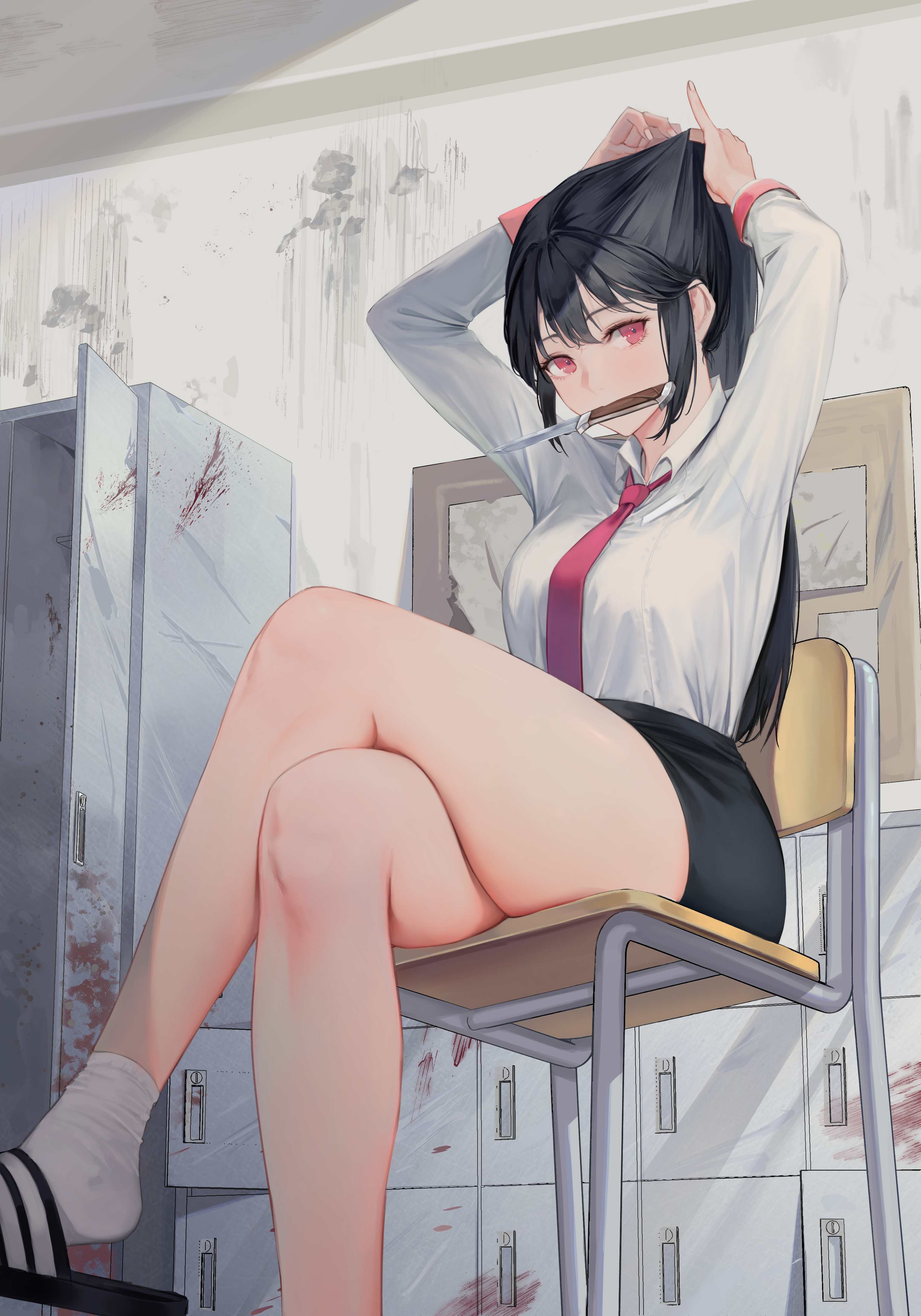 Anime 3080x4400 anime anime girls Bbul Horn artwork black hair red eyes knife thighs