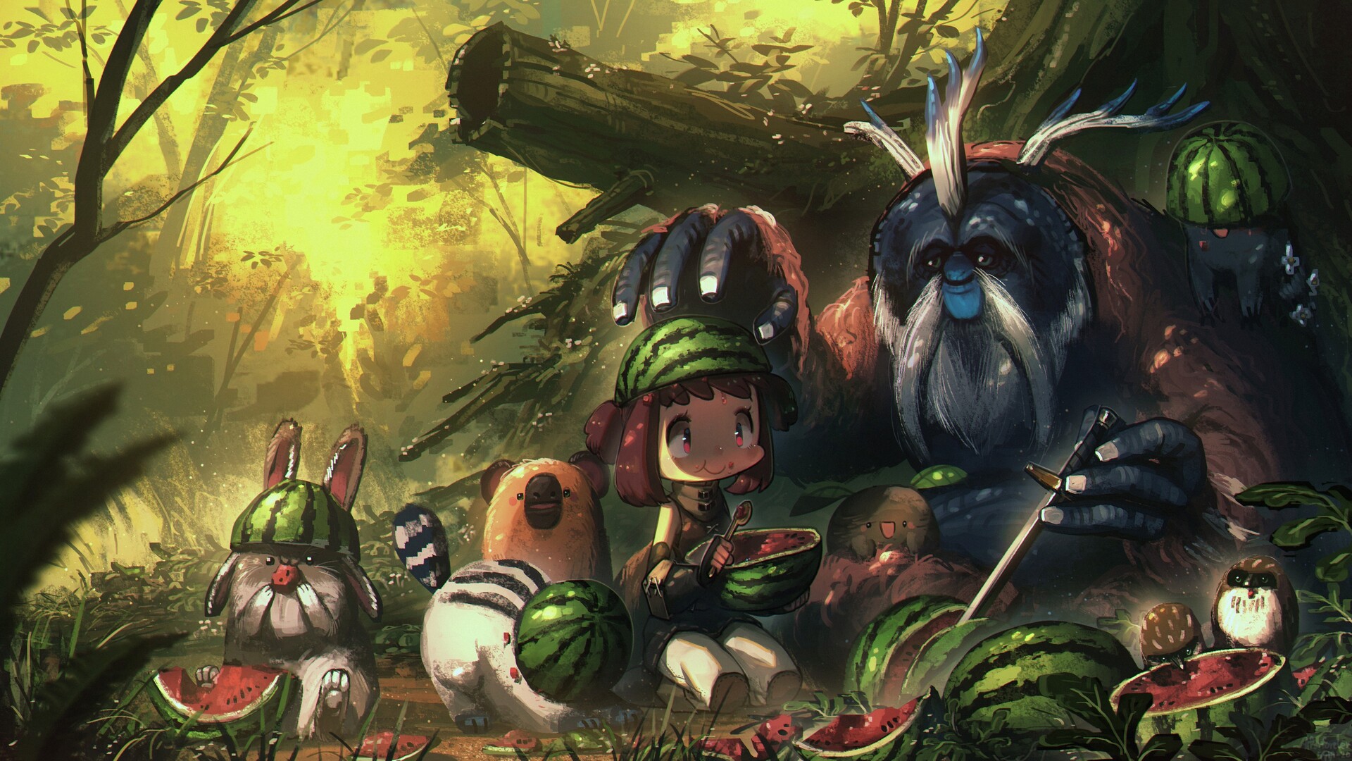 Anime 1920x1080 Porforever digital art fantasy art sword watermelons forest orangutans