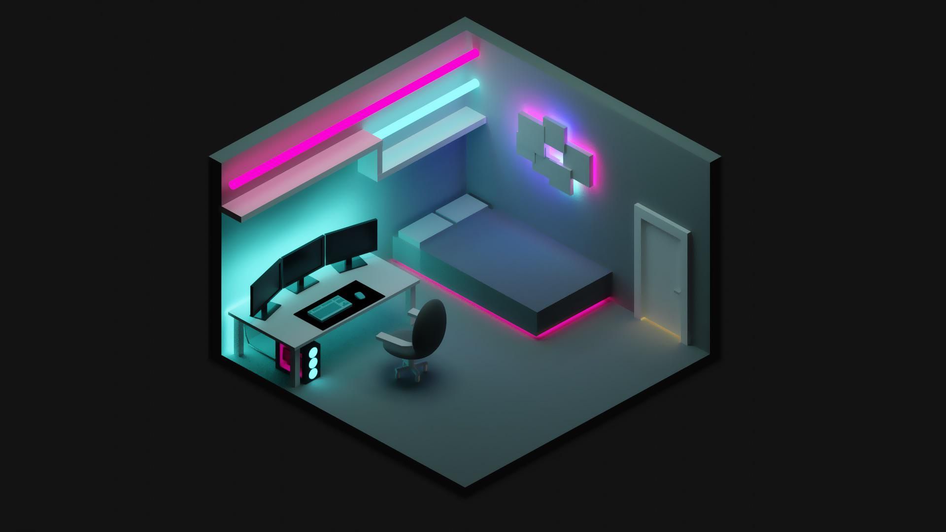 General 1920x1080 isometric pink cyan gray gray background room
