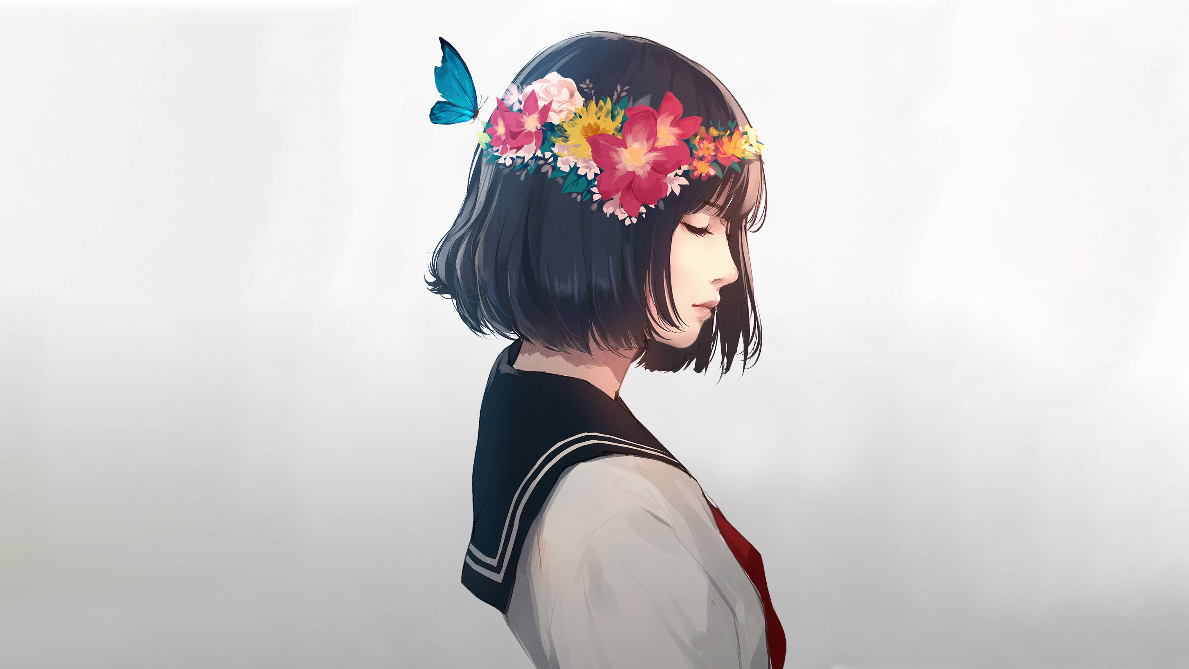 General 4096x2304 digital art black hair short hair sailor uniform flowers flower in hair butterfly white background closed eyes women KD Chen Asian simple background flower crown animals insect face profile dark hair