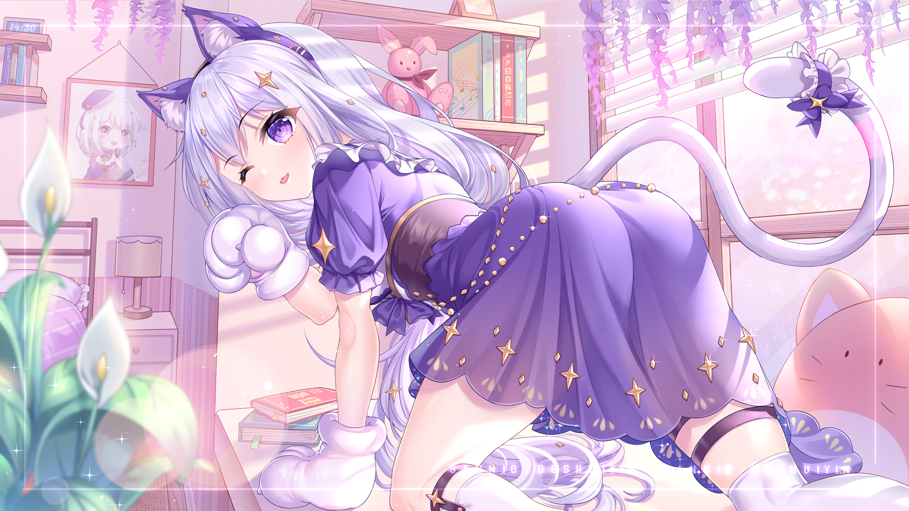 Anime 1772x997 anime anime girls tail animal ears cat girl bent over purple eyes wink silver hair tongue out long hair dress Xiang Tuizi artwork fetish