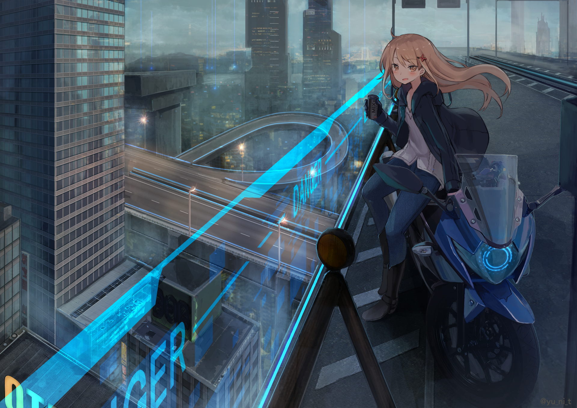 Anime 1920x1357 anime anime girls original characters artwork Yu Ni T motorcycle cityscape road brunette brown eyes