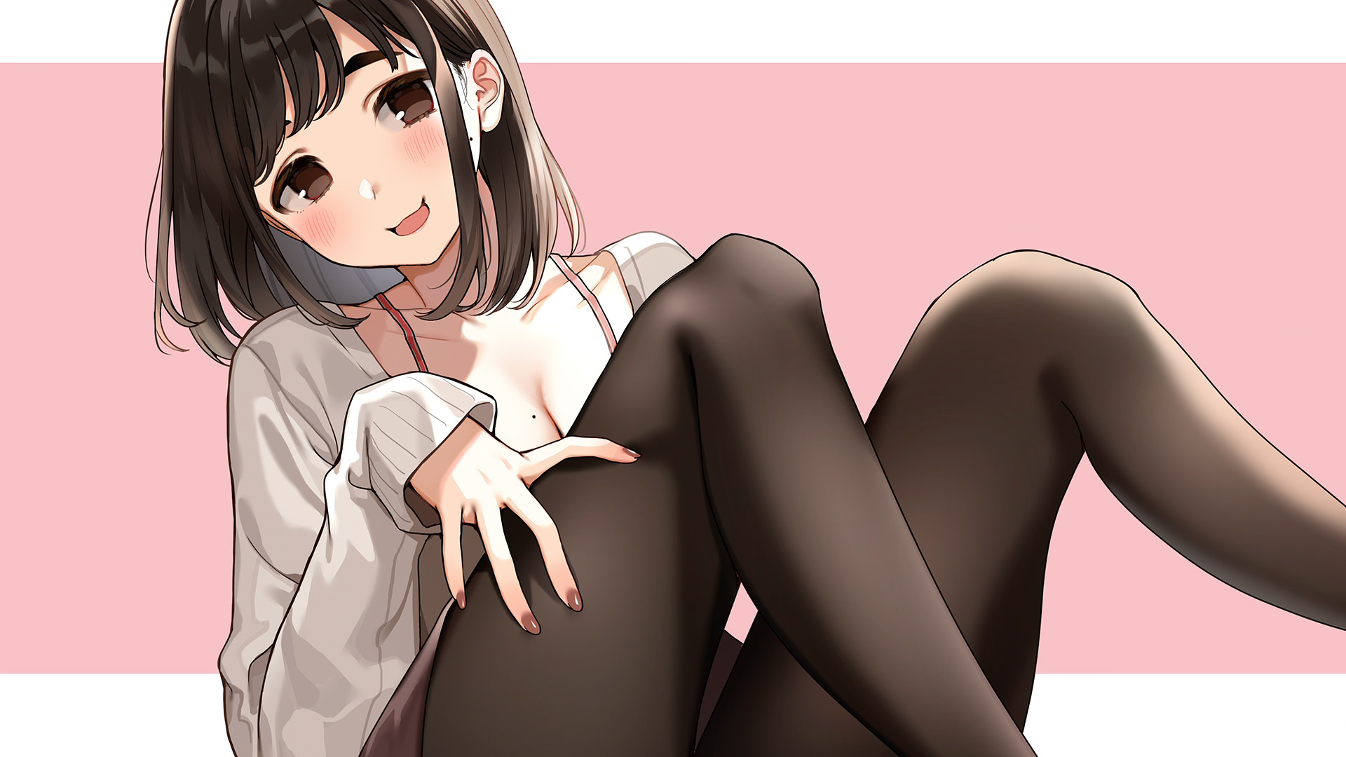 Anime 1920x1080 anime anime girls painted nails smiling legs pantyhose brunette looking at viewer simple background brown eyes blushing cleavage Ganbare, Douki-chan