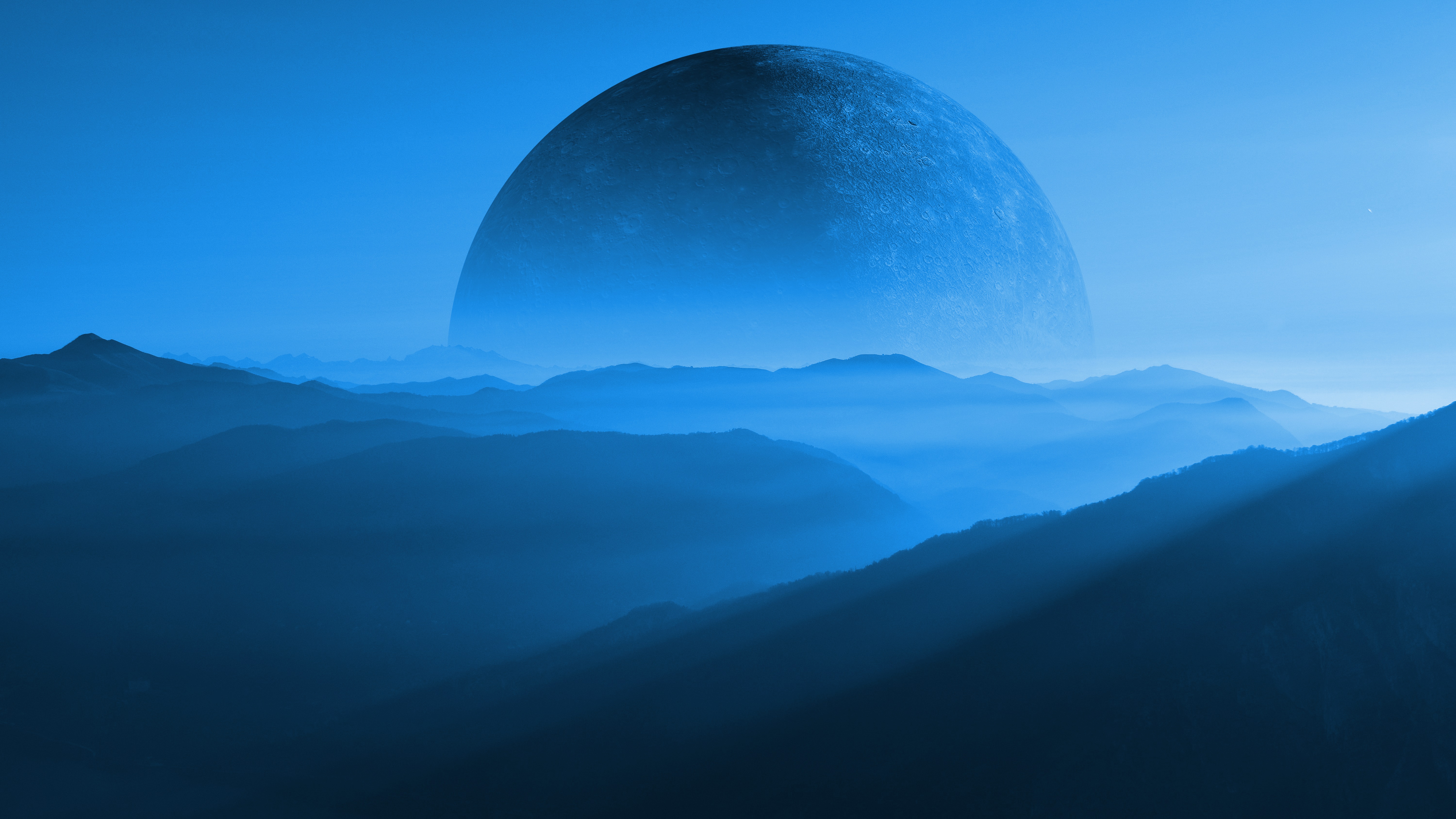 General 6000x3375 mountains CGI planet Moon science fiction blue mist landscape hills