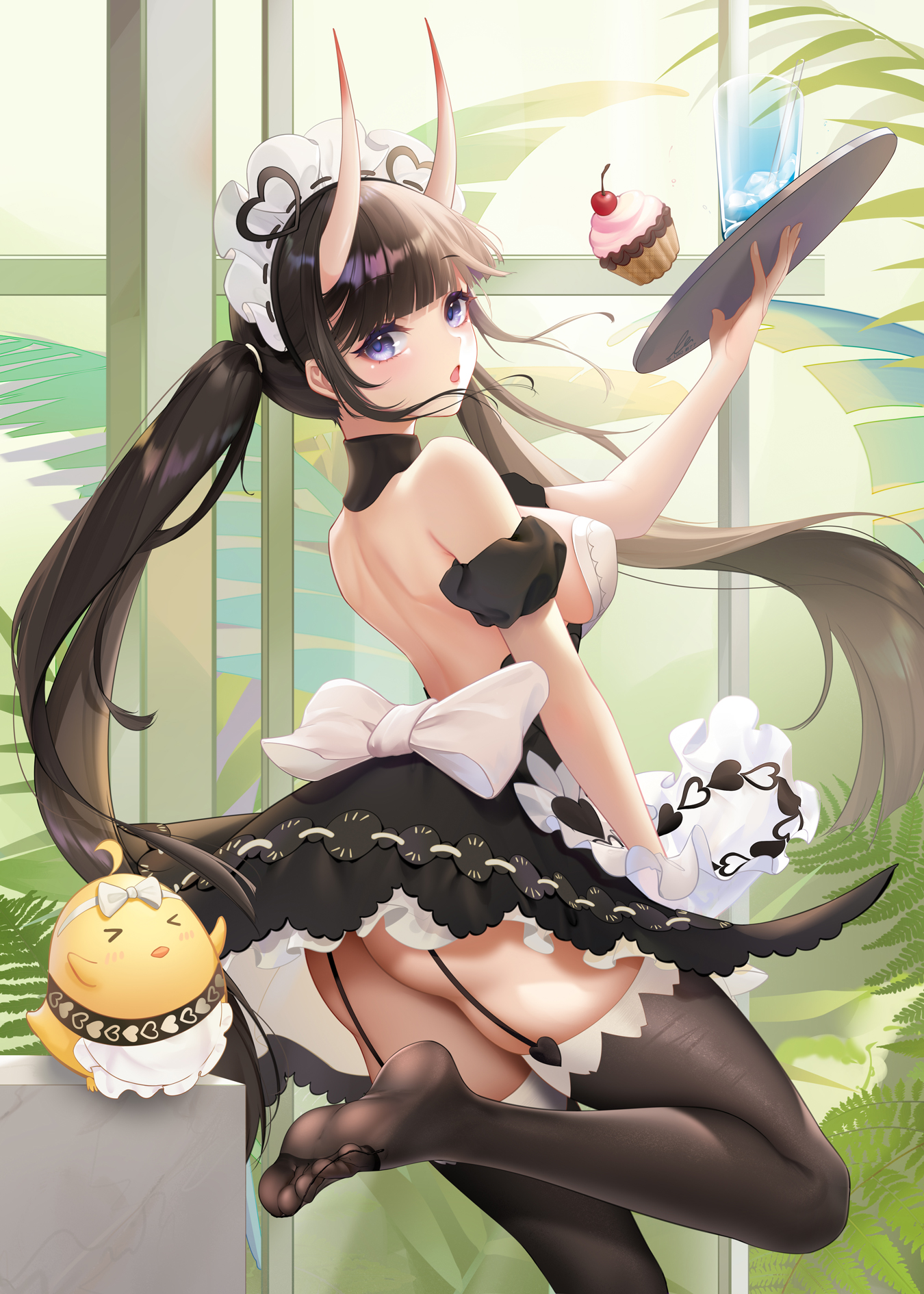 Anime 1350x1890 anime anime girls maid maid outfit stockings garter belt ass sideboob horns cupcakes bareback twintails blue eyes cherries Liu Liaoliao Noshiro (Azur Lane) Azur Lane