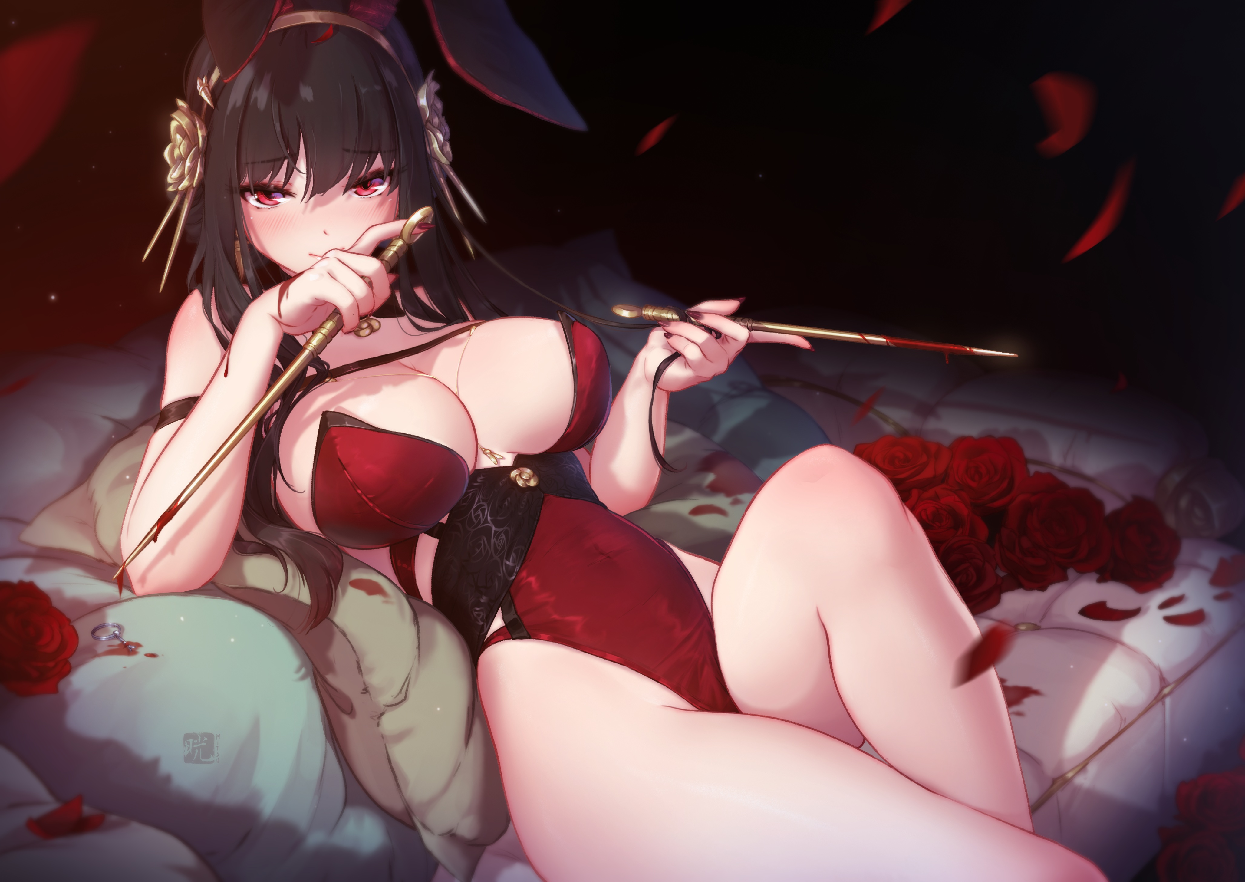 Anime 4113x2914 anime anime girls big boobs black hair red eyes rose petals flowers bunny girl bunny suit bunny ears blushing blood thighs pillow lying on back low neckline Spy x Family Yor Forger Mitsu