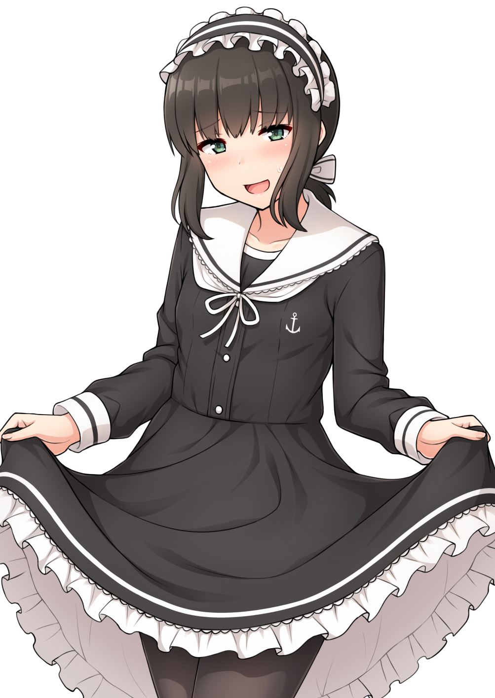 Anime 1003x1416 anime anime girls Kantai Collection Fubuki (KanColle) ponytail brunette solo artwork fan art dress black dress open mouth lifting dress green eyes maid maid outfit white background simple background