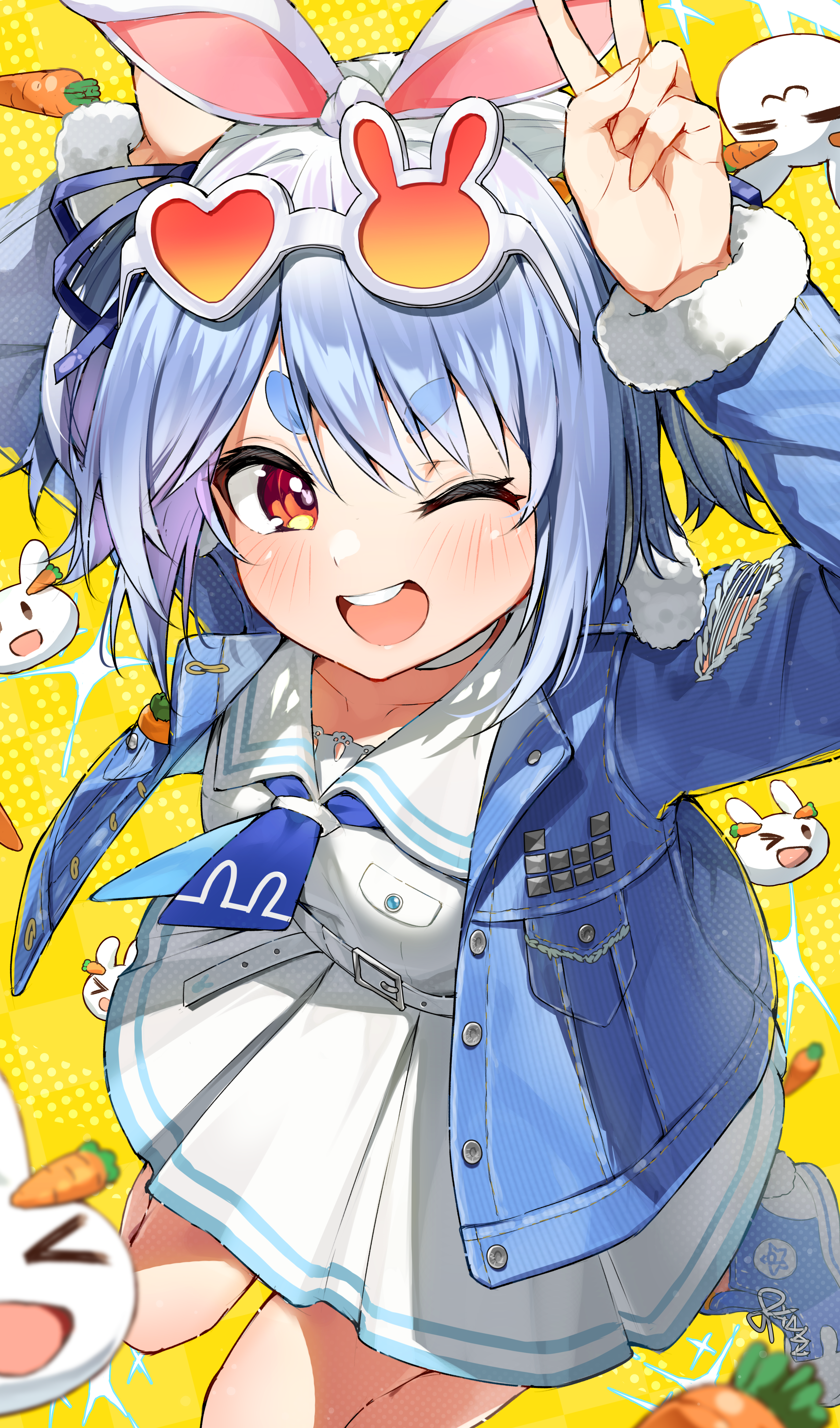 Anime 4429x7527 Usada Pekora Hololive anime girls carrots bunny girl bunny ears peace sign wink