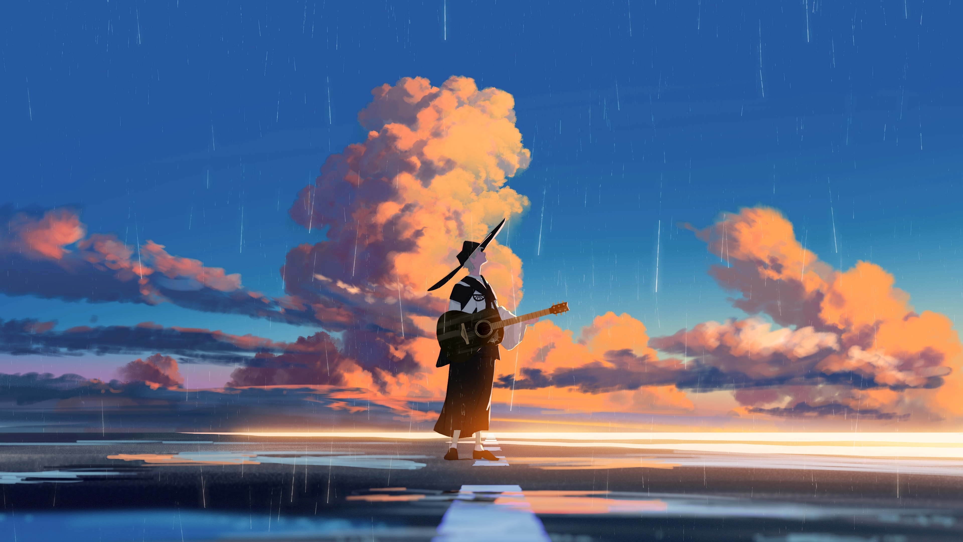 Anime 3840x2160 anime clouds sky guitar rain standing hat musical instrument looking up