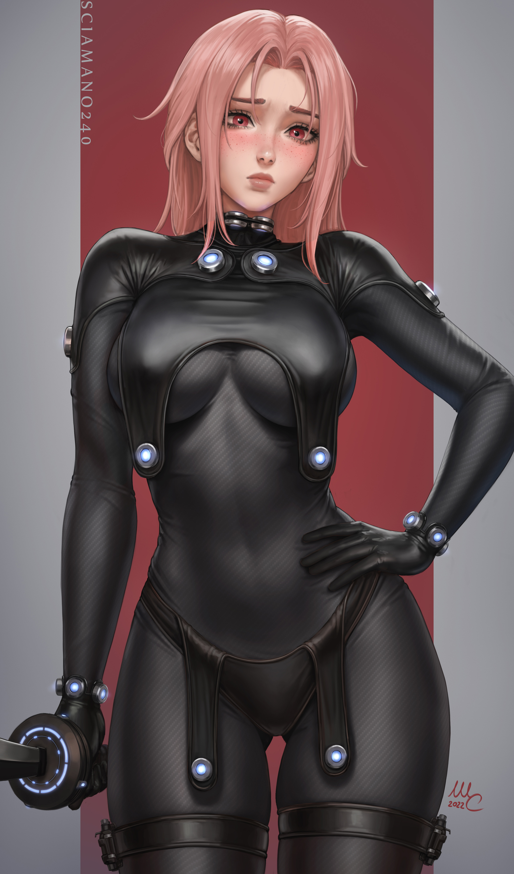 Anime 1764x3000 Mirco Cabbia drawing GANTZ:O Chloe (Sciamano240) original characters pink hair bodysuit looking at viewer tight clothing black clothing weapon red eyes freckles blushing simple background wide hips thick thigh big boobs