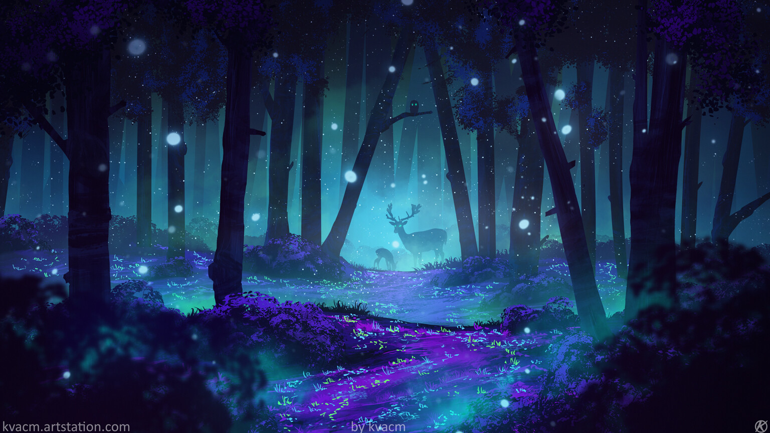 General 1536x864 digital art deer forest trees Kvacm silhouette fireflies
