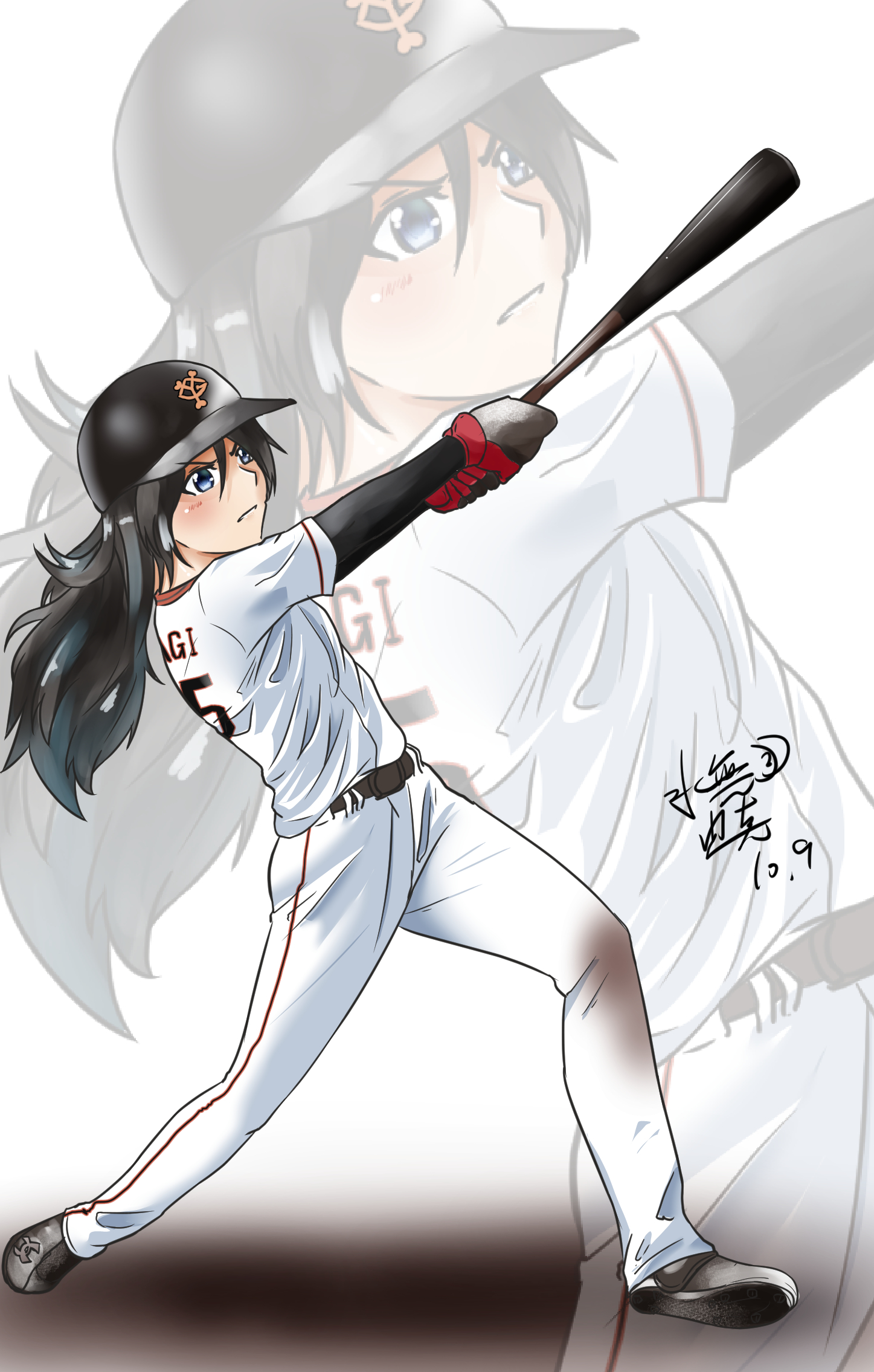 Anime 1447x2270 anime anime girls Kantai Collection Katsuragi (Kancolle) long hair dark hair solo artwork digital art fan art baseball bat baseball cap baseball