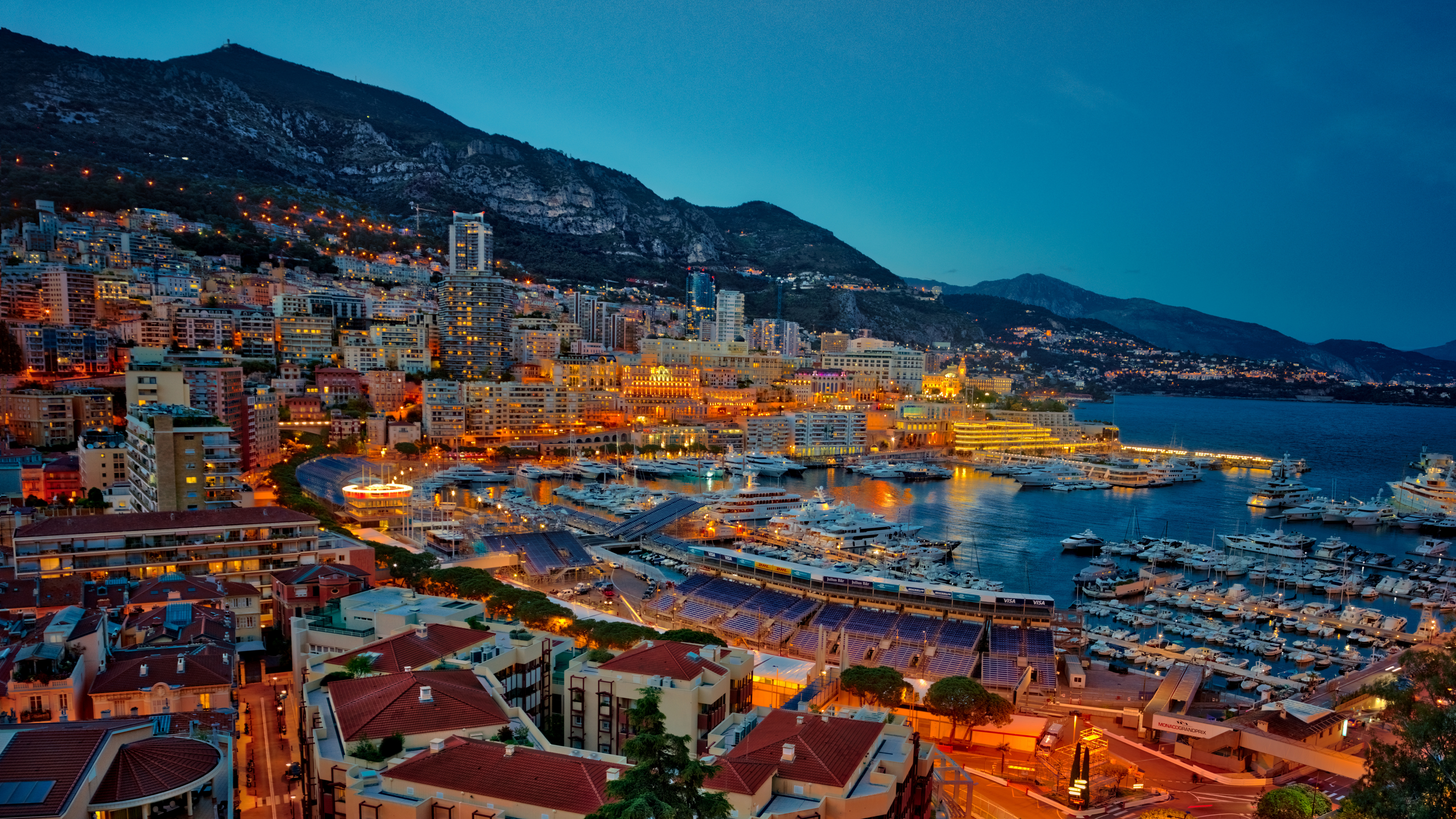 General 7680x4320 Monaco panorama building lights water landscape mountain top bay yacht Trey Ratcliff cityscape
